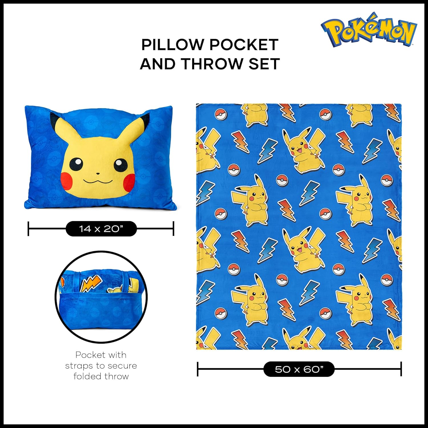 NORTHWEST Pikachu Plush Blanket Set 50x60 with 14x20 Pillow