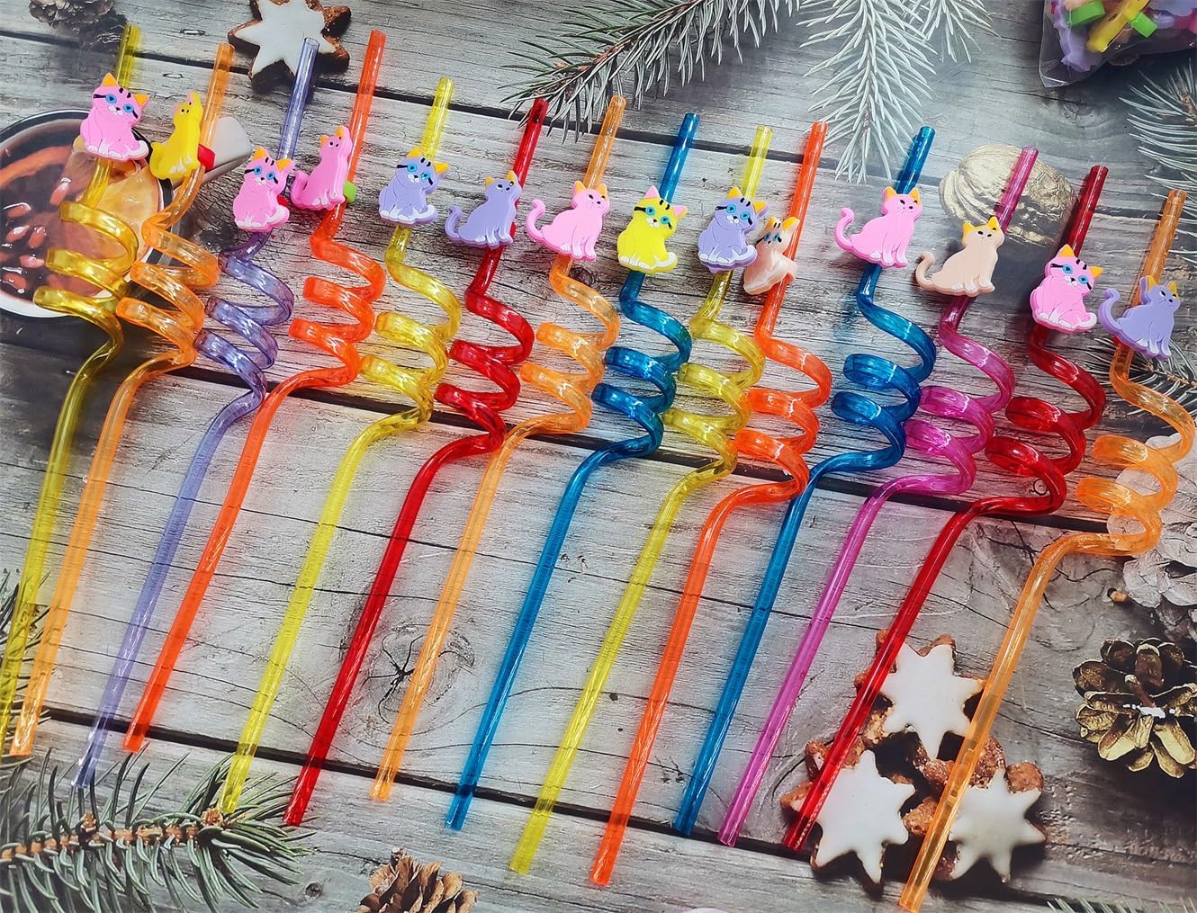 24 Bulk Cat Pattern Reusable Plastic Straws