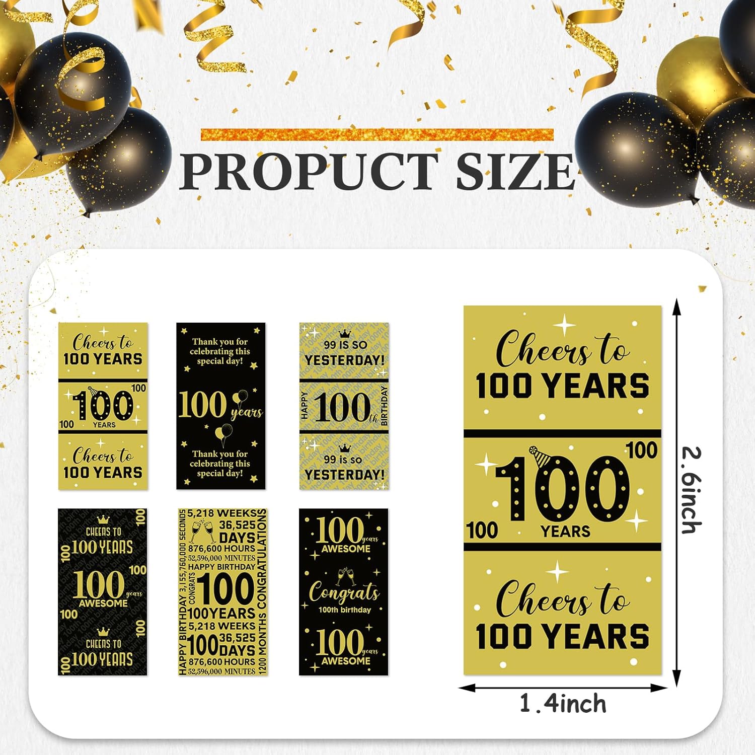 Tenare 90 Pcs 100th Birthday Black and Gold Stickers for Party Supplies