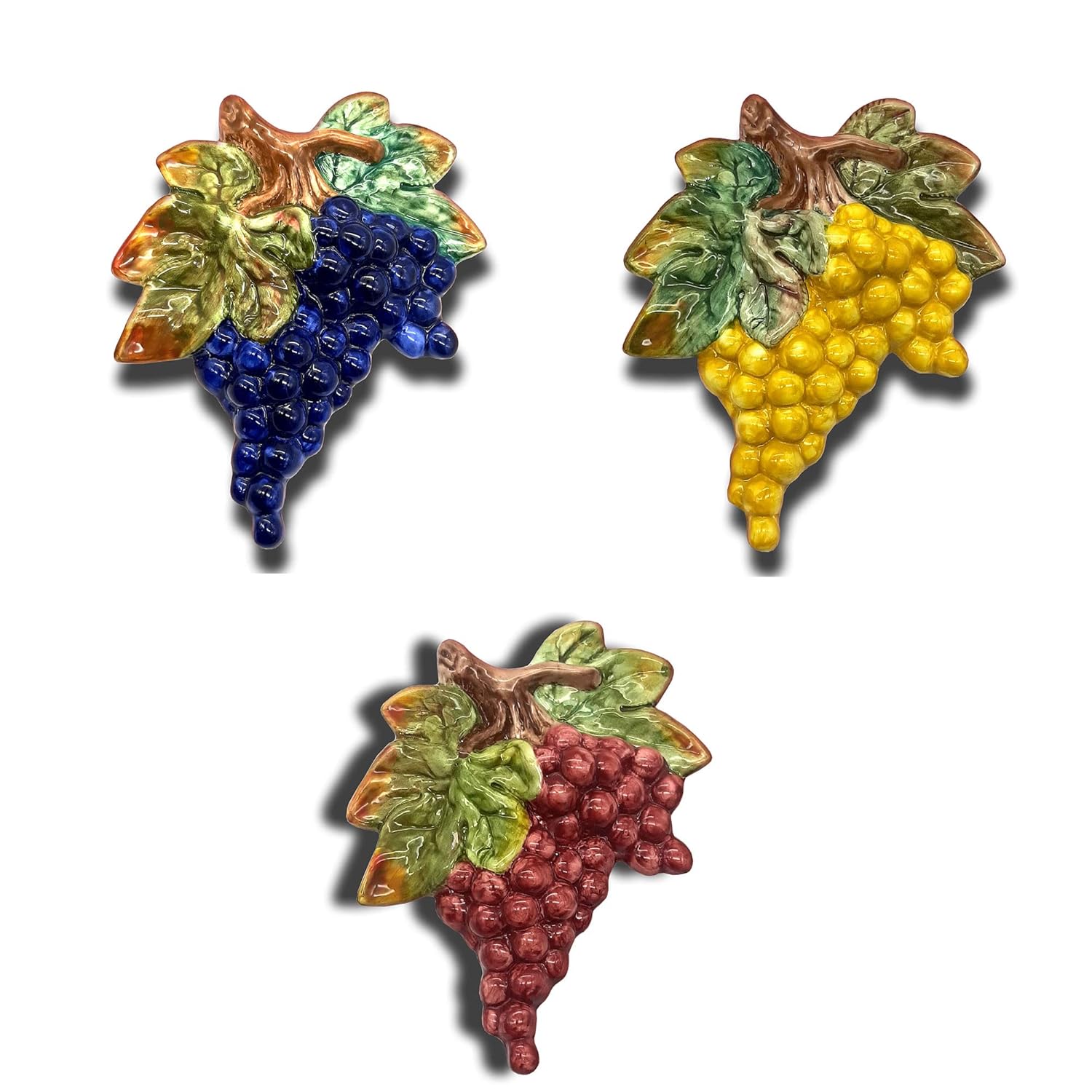 Italian Ceramic Grapes Wall Decor - 3 Pieces Hand Painted