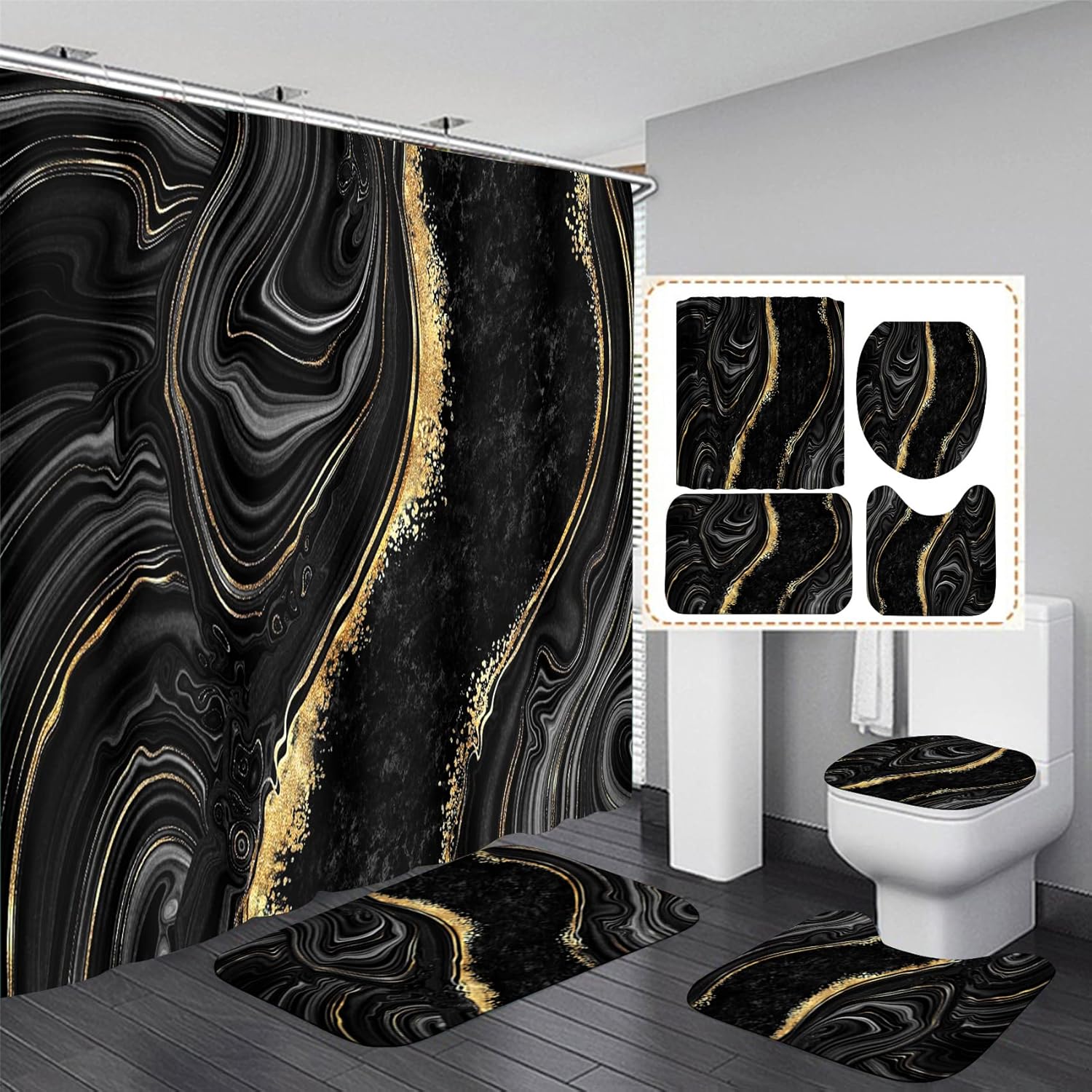 Nkzply 4 Pcs Black Shower Curtain Set with Rugs and Toilet Lid Cover