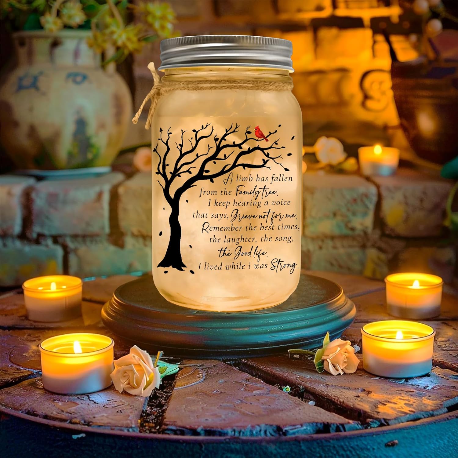 Memorial Mason Jar Light with Red Cardinal