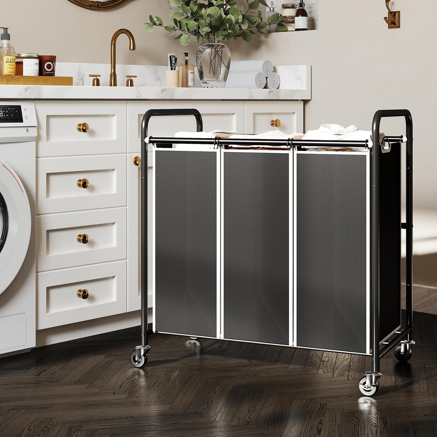 ROMOON 3 Compartment Laundry Sorter with Wheels and Removable Liners