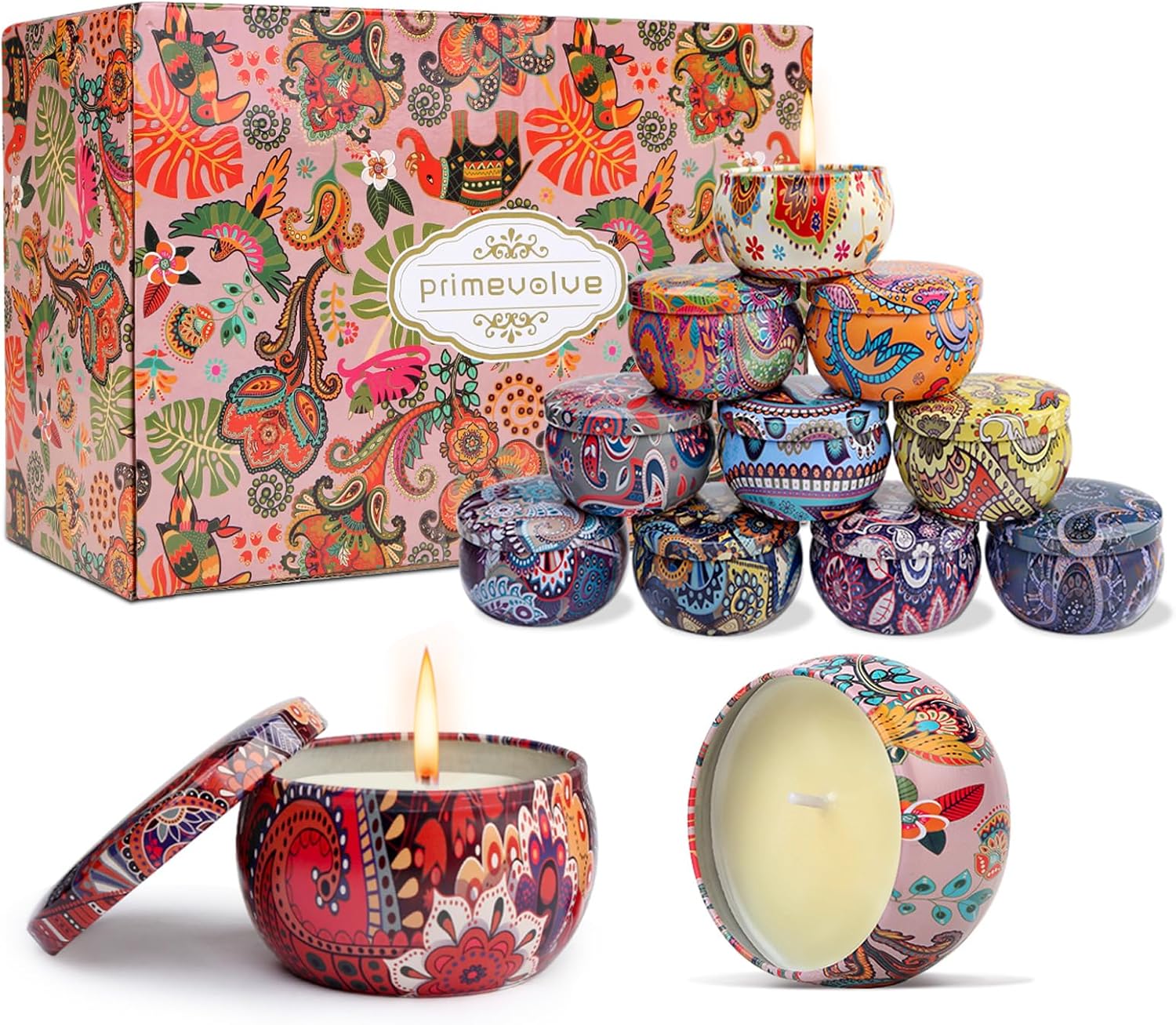 Primevolve Scented Candles 12 Pack Travel Tin Set for Women