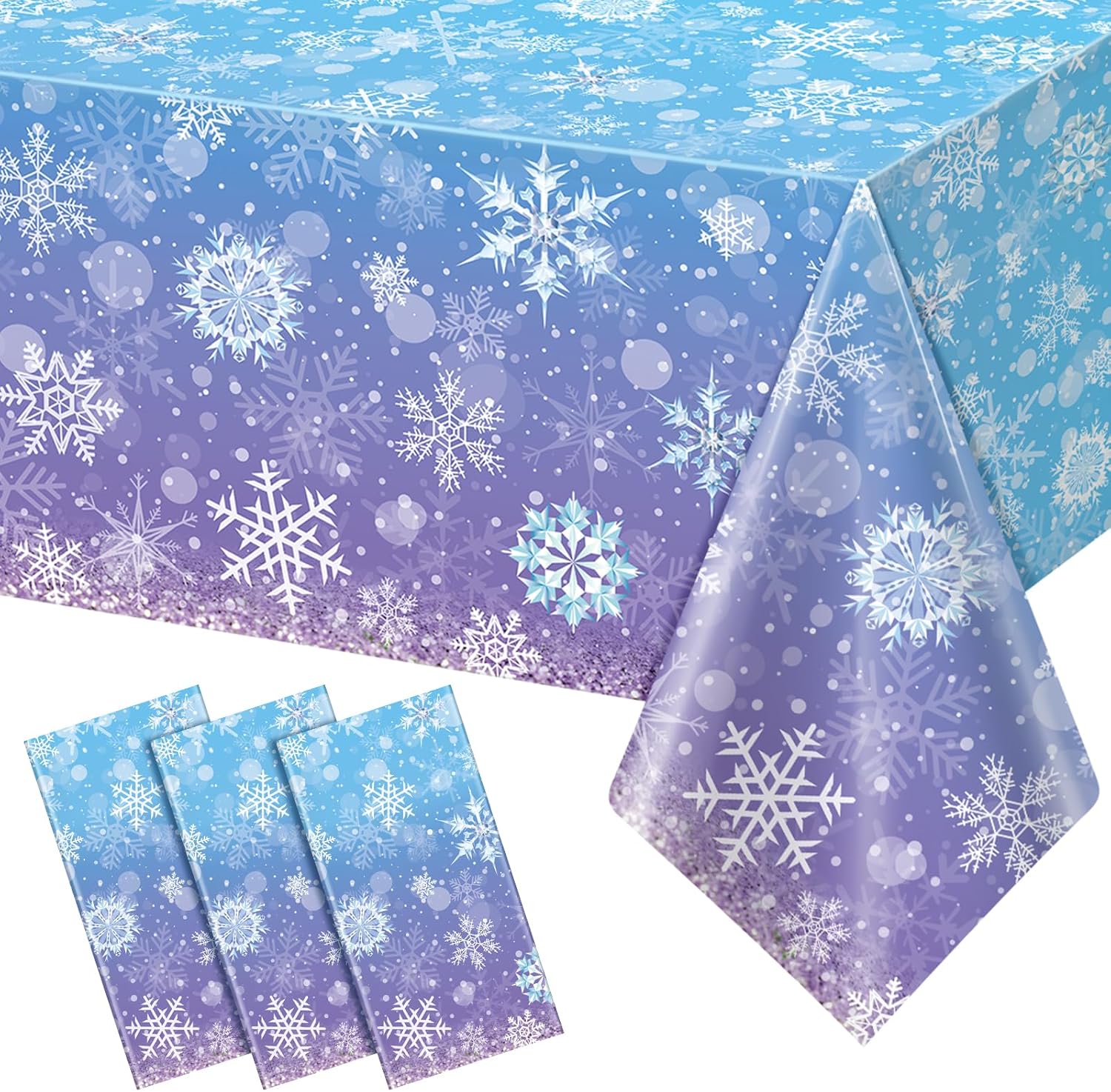3 Pack Winter Snowflake Tablecloths Blue and Purple for Christmas Party