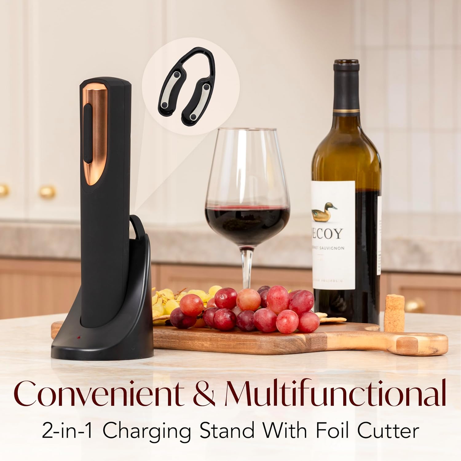 Rechargeable Wine Bottle Opener with Foil Cutter and Charging Base