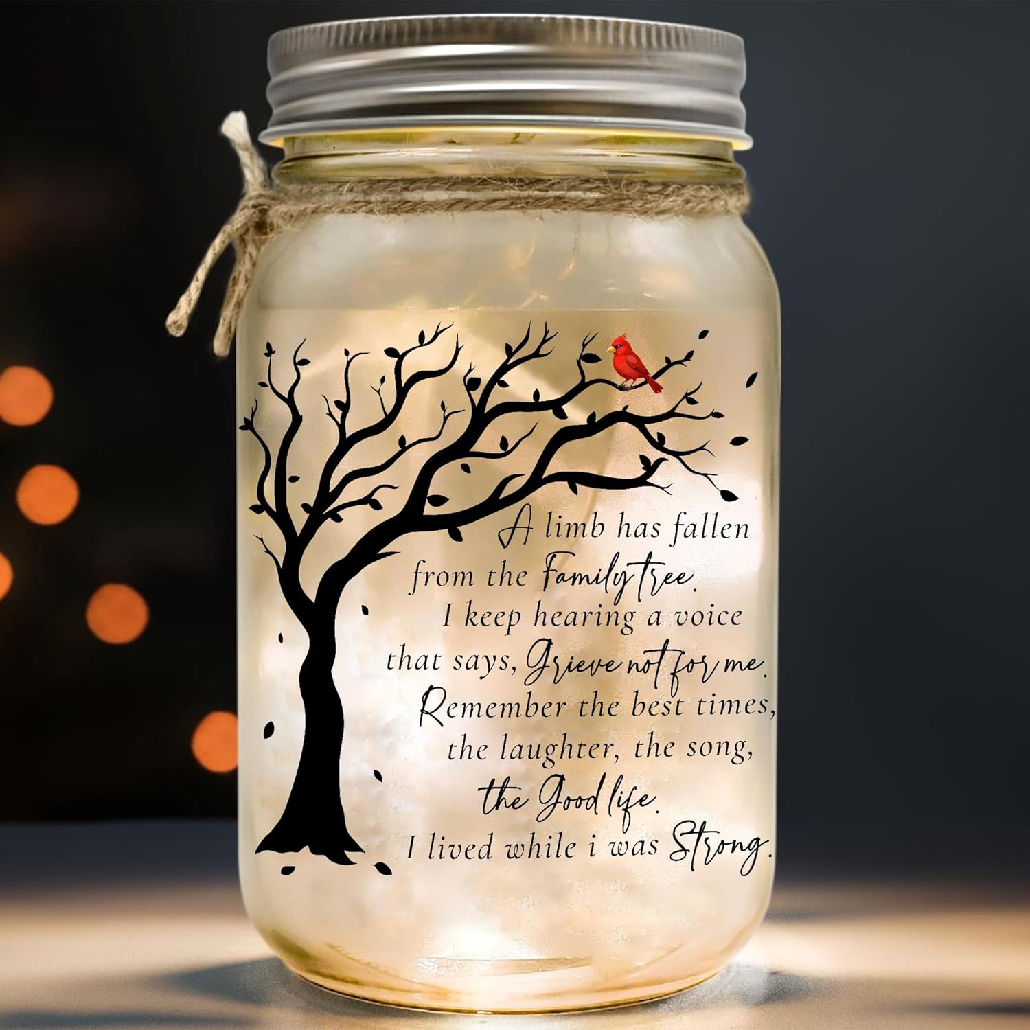 Memorial Mason Jar Light with Red Cardinal