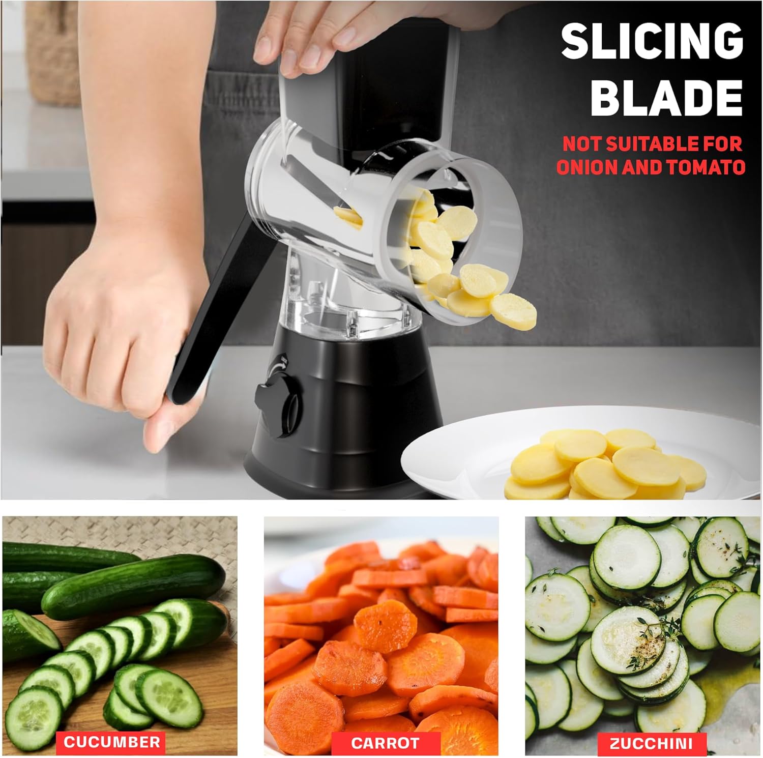 Rotary Cheese Grater with 3 Blades and Suction Base