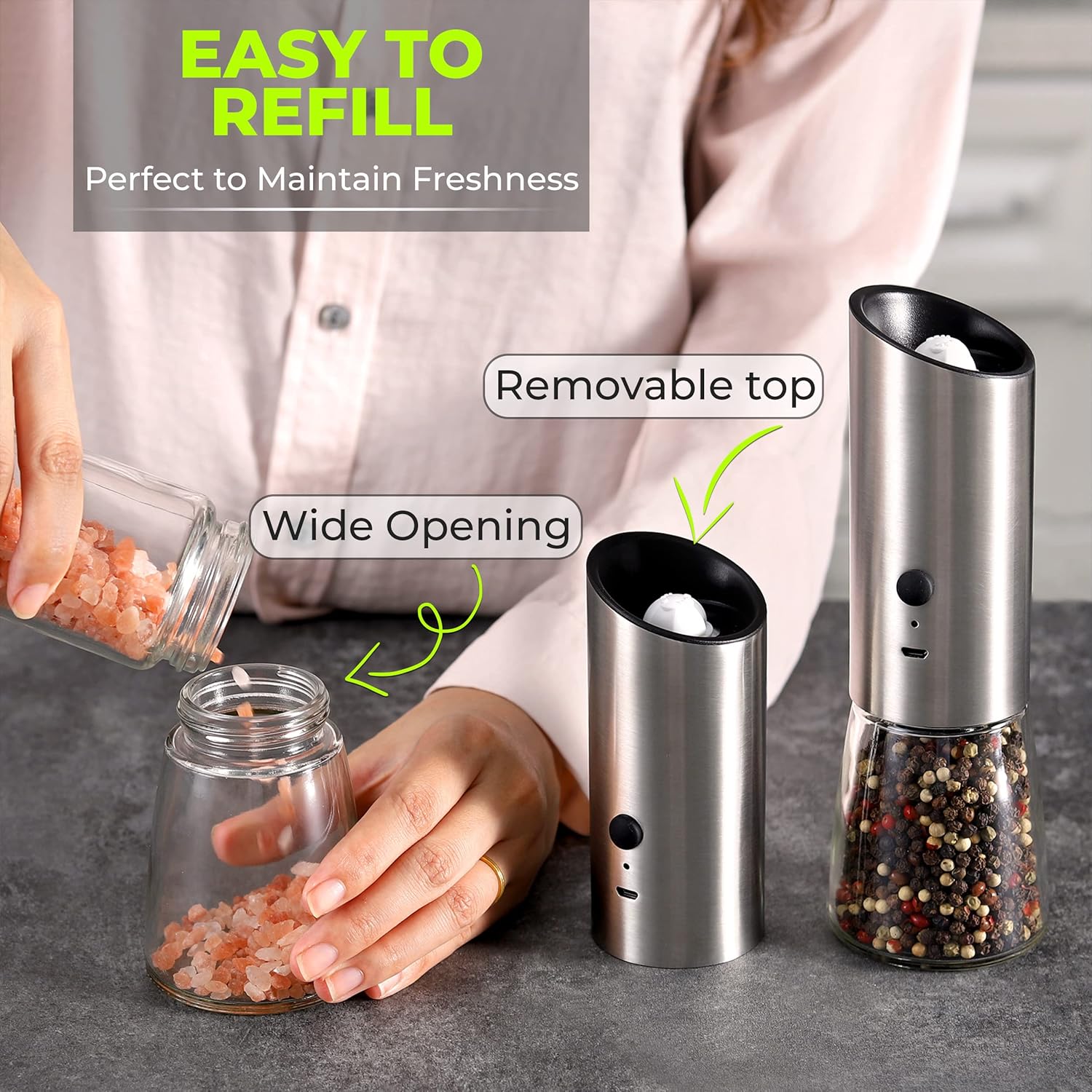 Rechargeable Salt and Pepper Grinder Set with Adjustable Coarseness