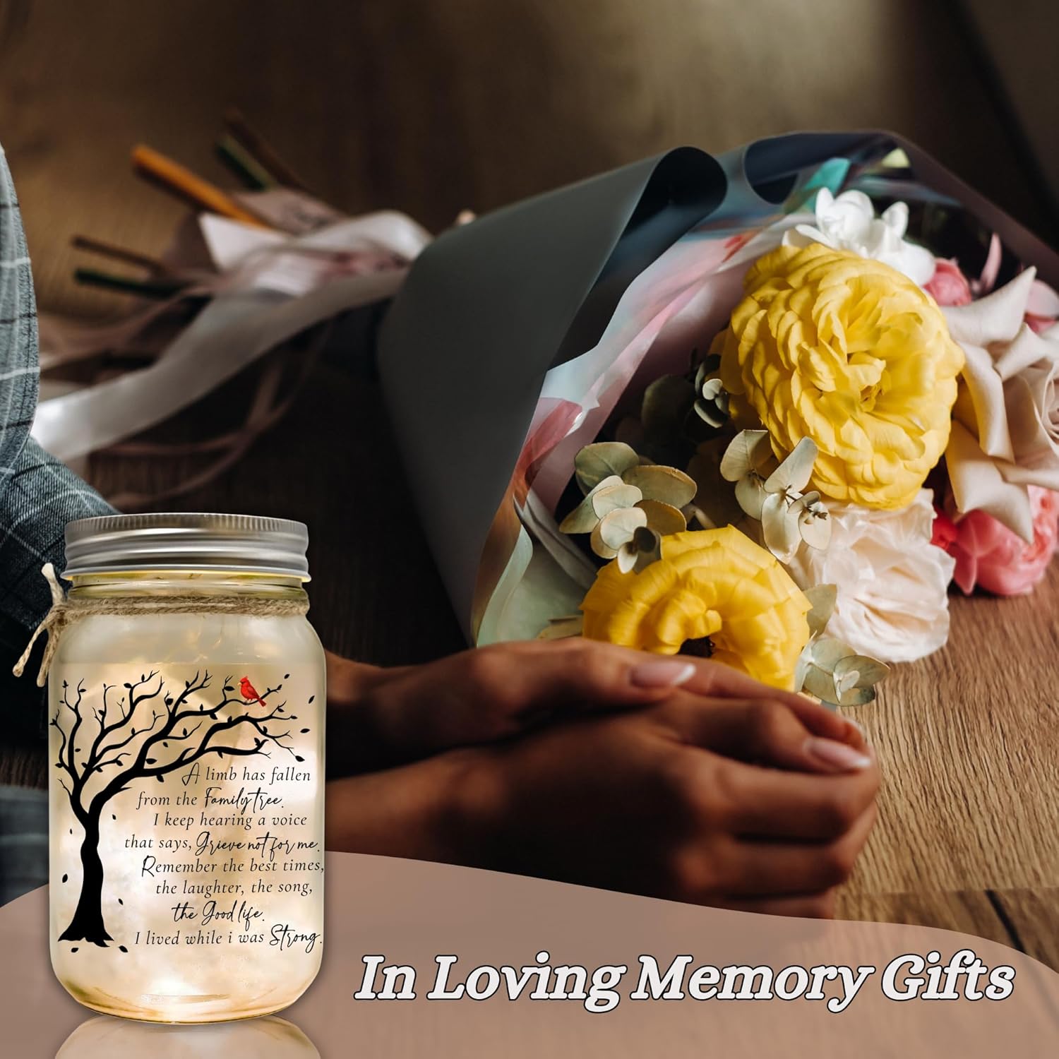 Memorial Mason Jar Light with Red Cardinal