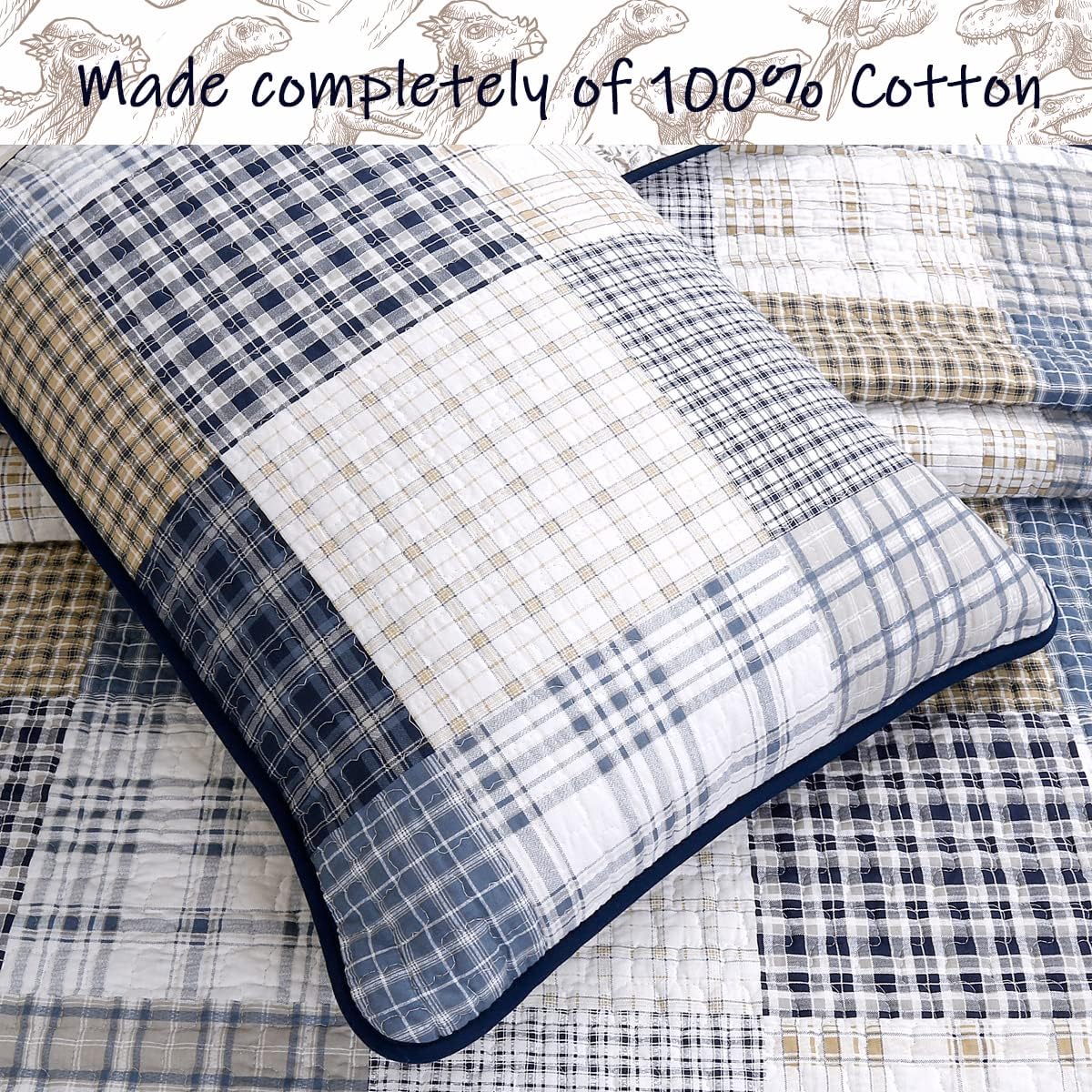 Cozy Line Benjamin Dinosaur Plaid Quilt Set for Kids