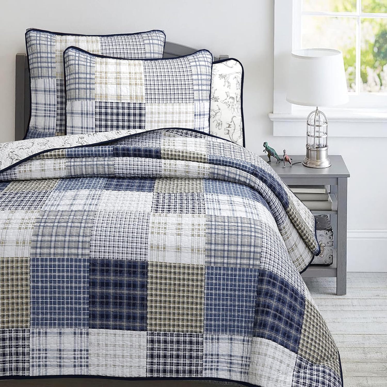 Cozy Line Benjamin Dinosaur Plaid Quilt Set for Kids