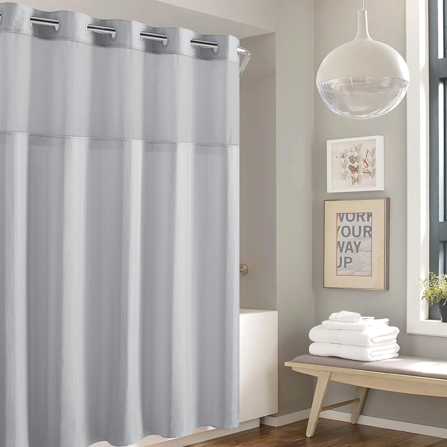 Hookless Its A Snap Waffle Stripe Shower Curtain 71 x 74 Light Grey