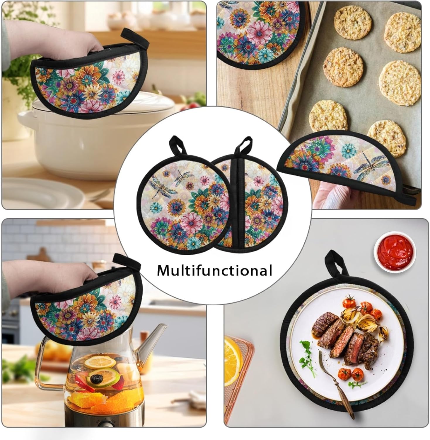 NETILGEN Boho Floral Dragonfly Pot Holders