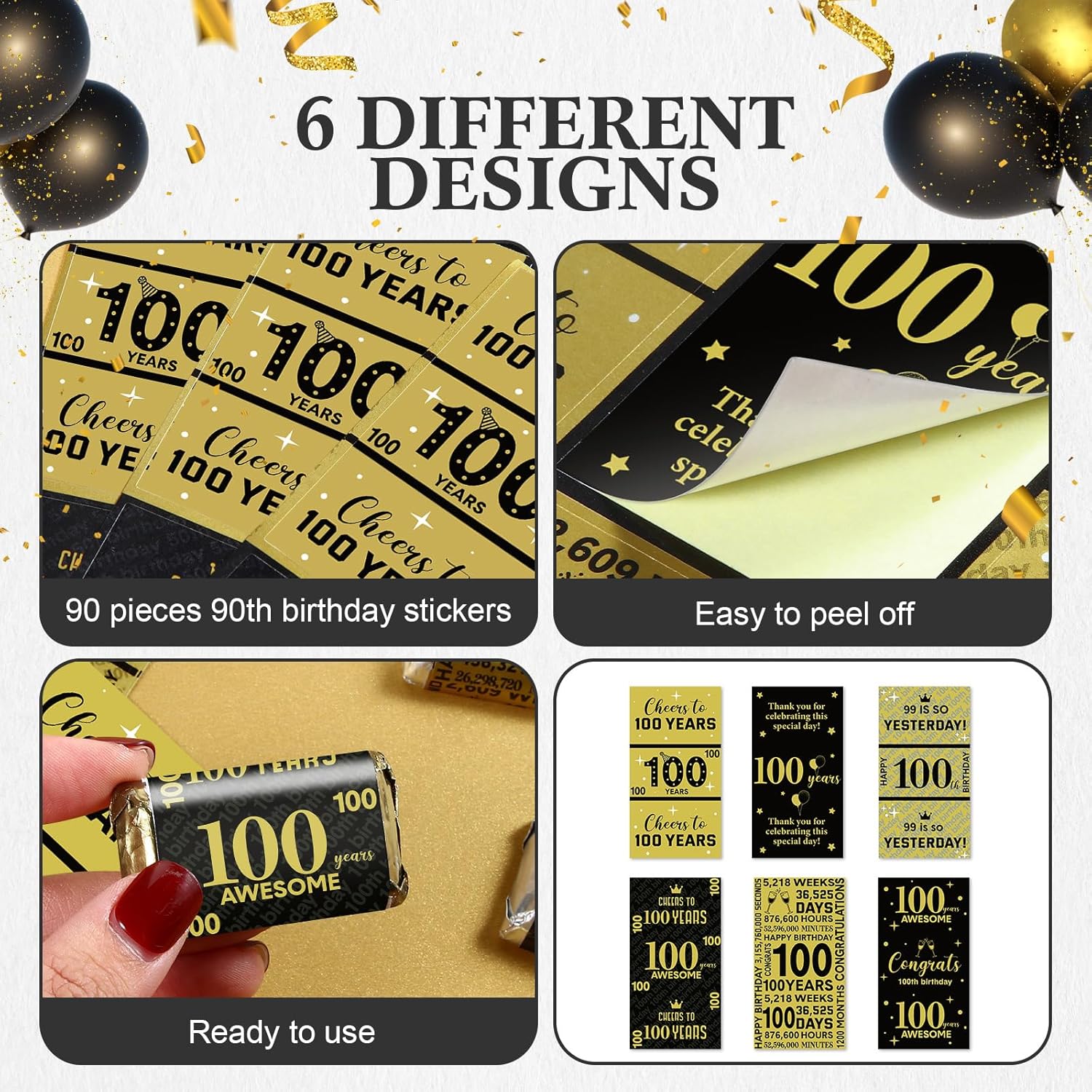Tenare 90 Pcs 100th Birthday Black and Gold Stickers for Party Supplies