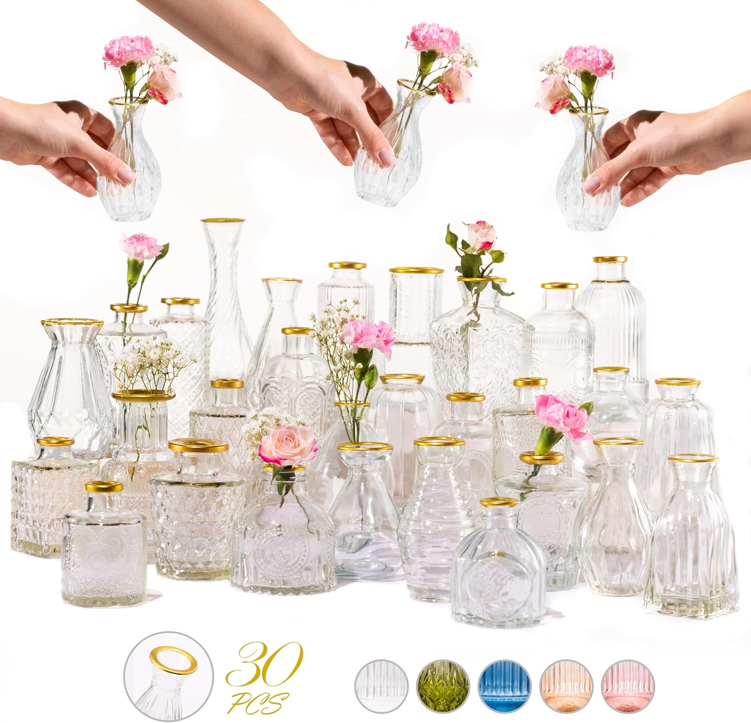 Premium Heirloom Hills Bud Vases Set of 30 with Gold Rims