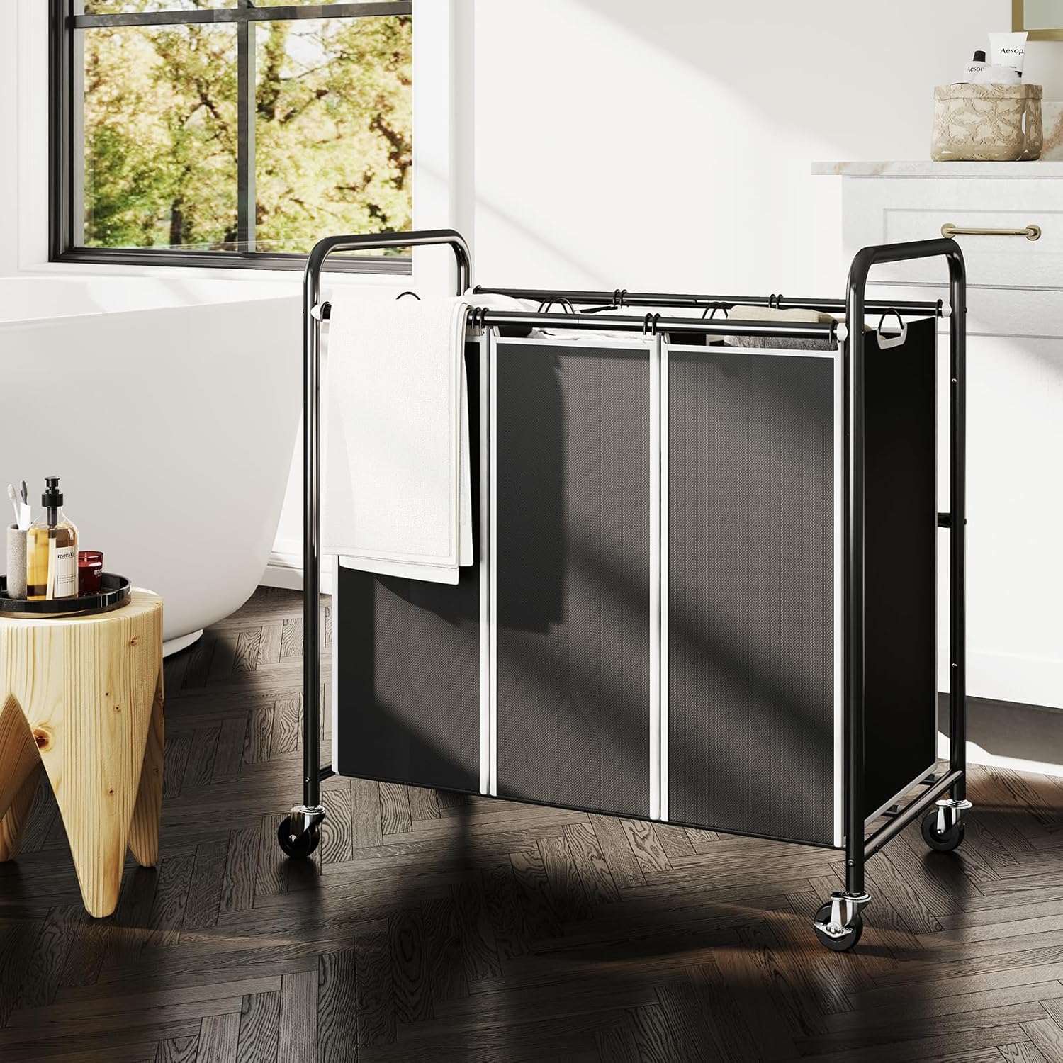 ROMOON 3 Compartment Laundry Sorter with Wheels and Removable Liners