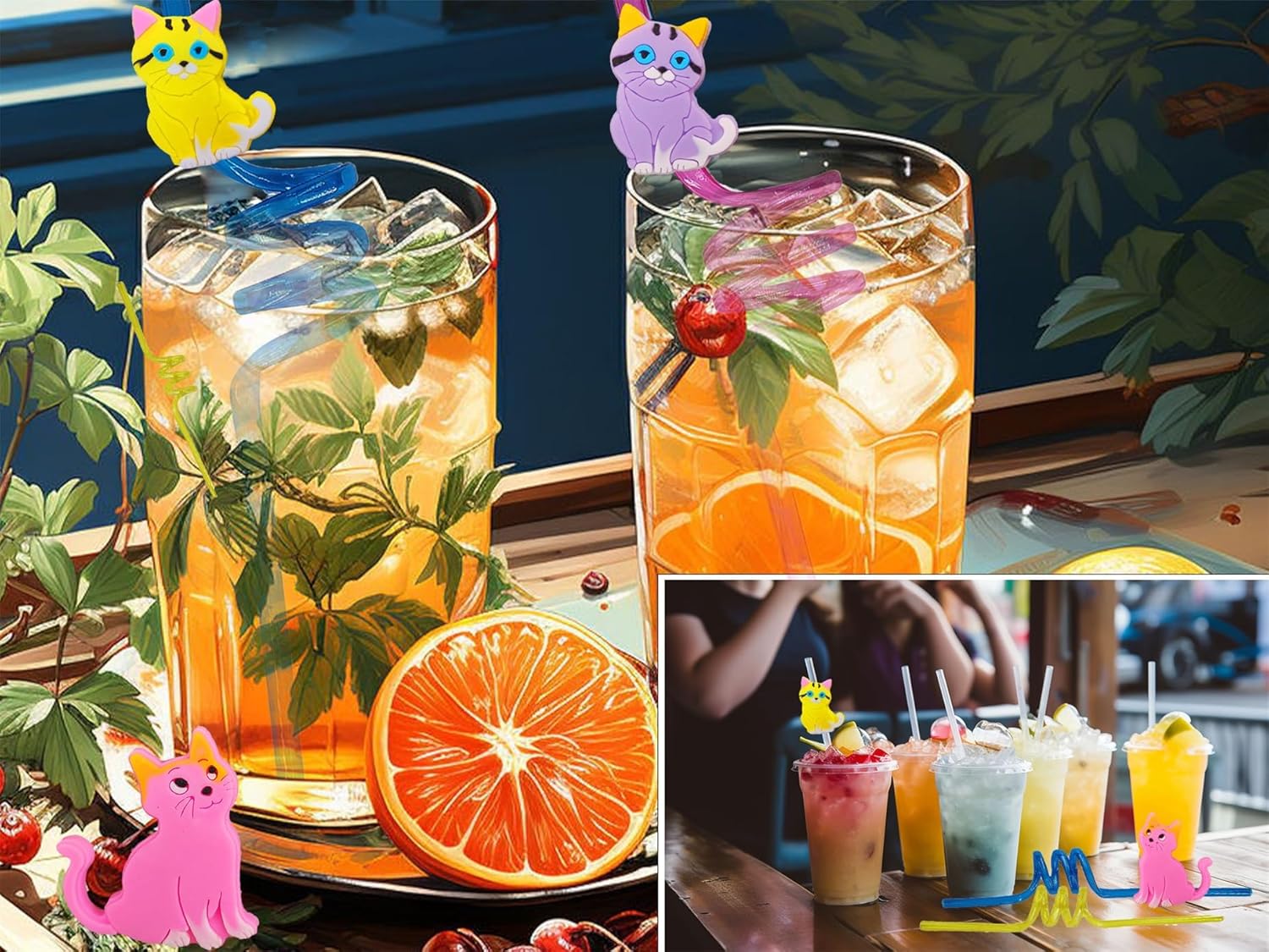 24 Bulk Cat Pattern Reusable Plastic Straws