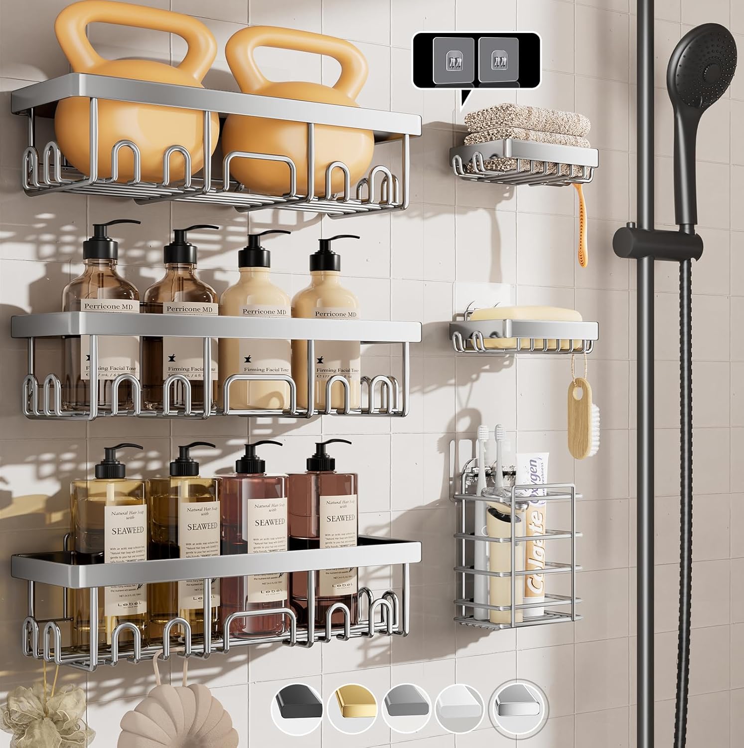 Veken Rustproof Waterproof Shower Caddy 6-Pack Set Silver