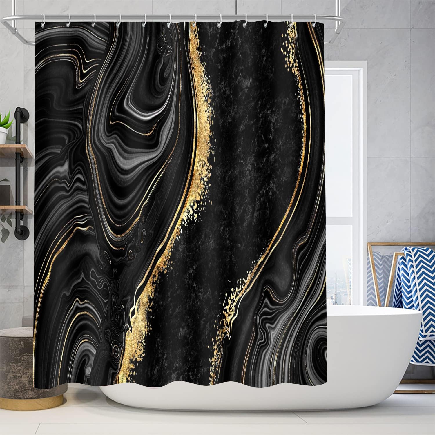 Nkzply 4 Pcs Black Shower Curtain Set with Rugs and Toilet Lid Cover