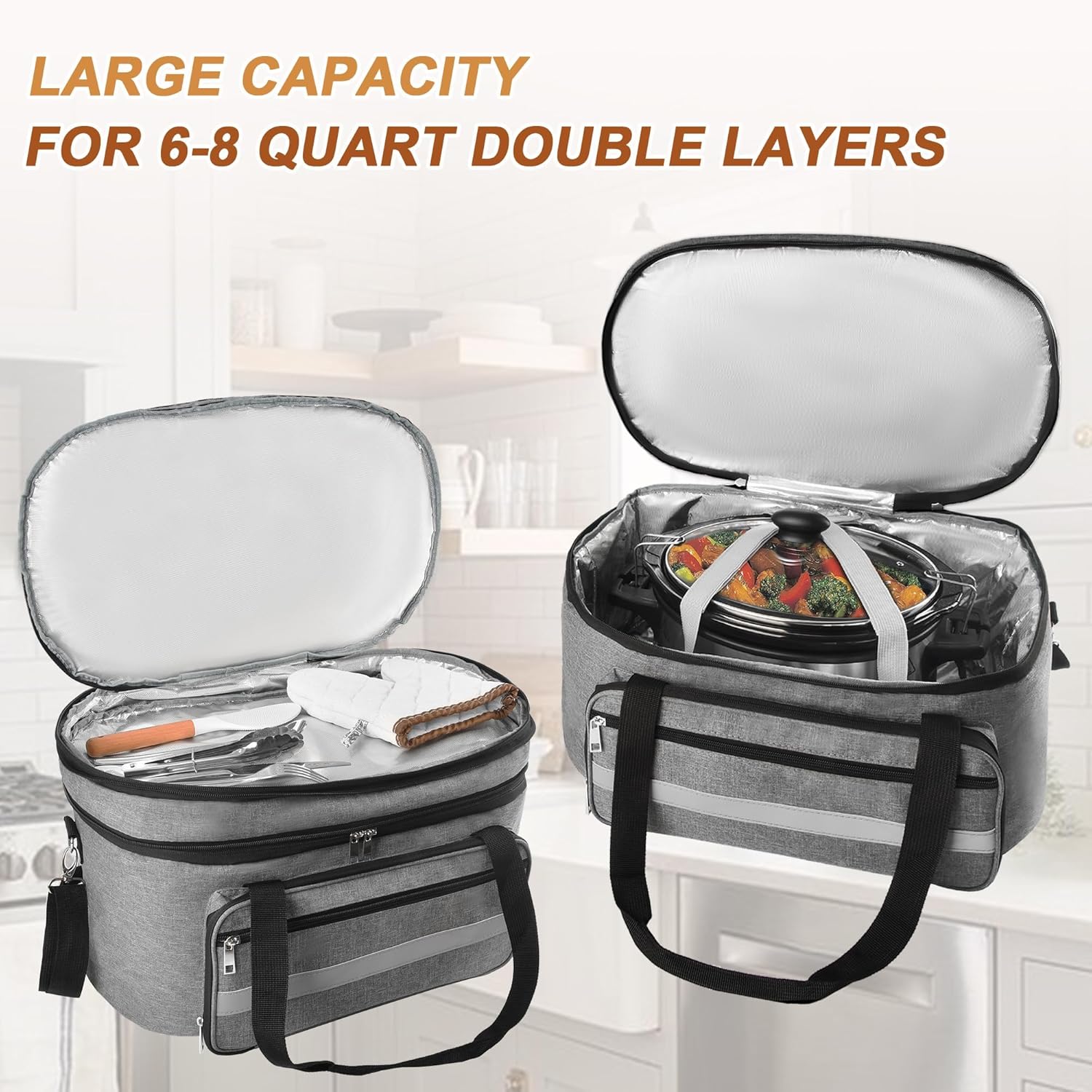 Double Layer Slow Cooker Carrying Bag with Insulated Lining and Adjustable Straps