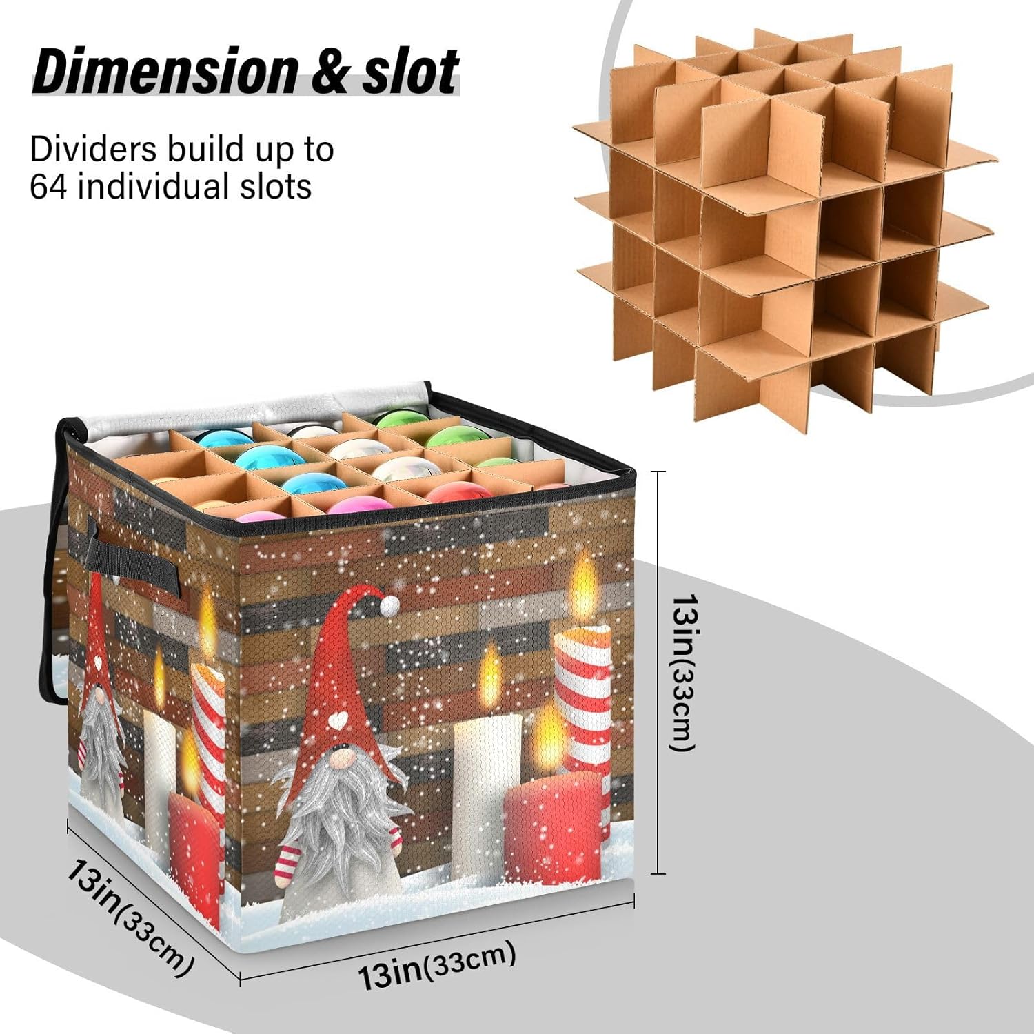 Christmas Ornament Storage Box with Zipper Dividers 13x13 Inch