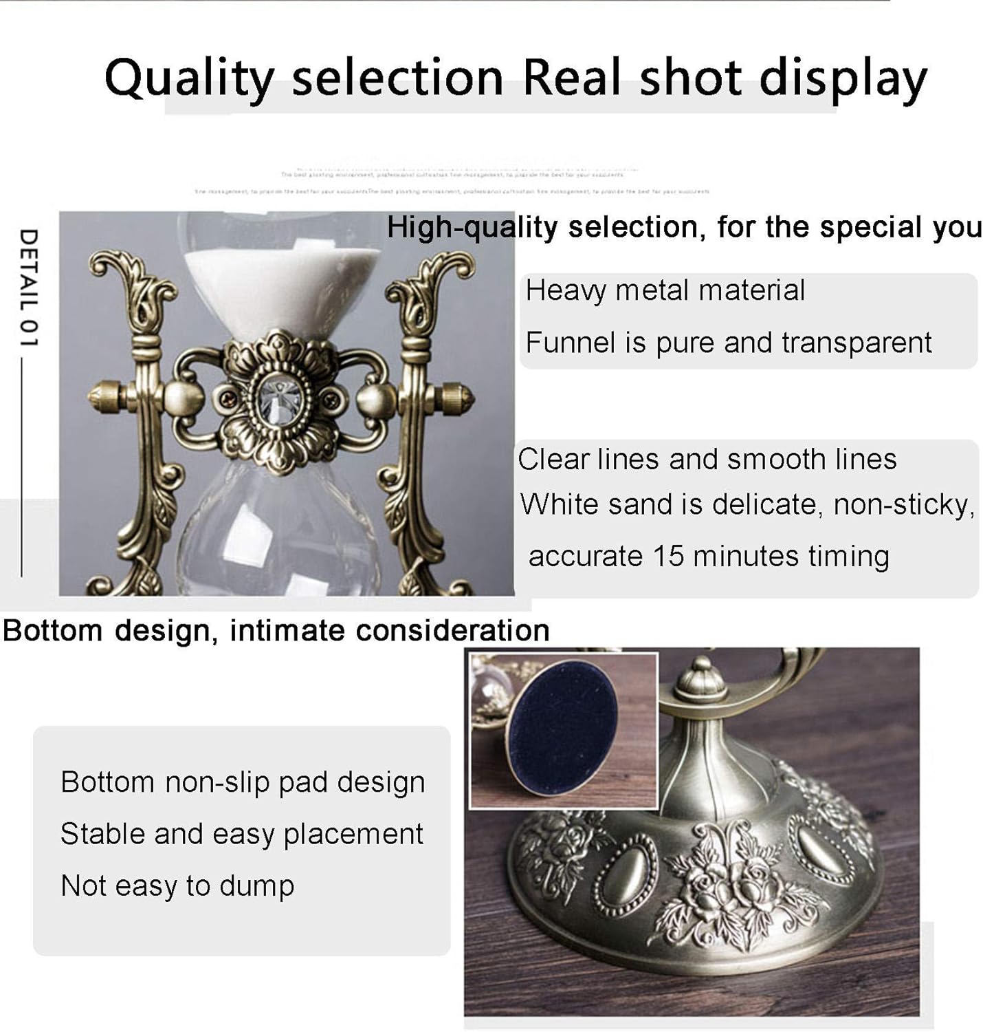 NIUASH 15 Minute Embossed Golden Hourglass Timer