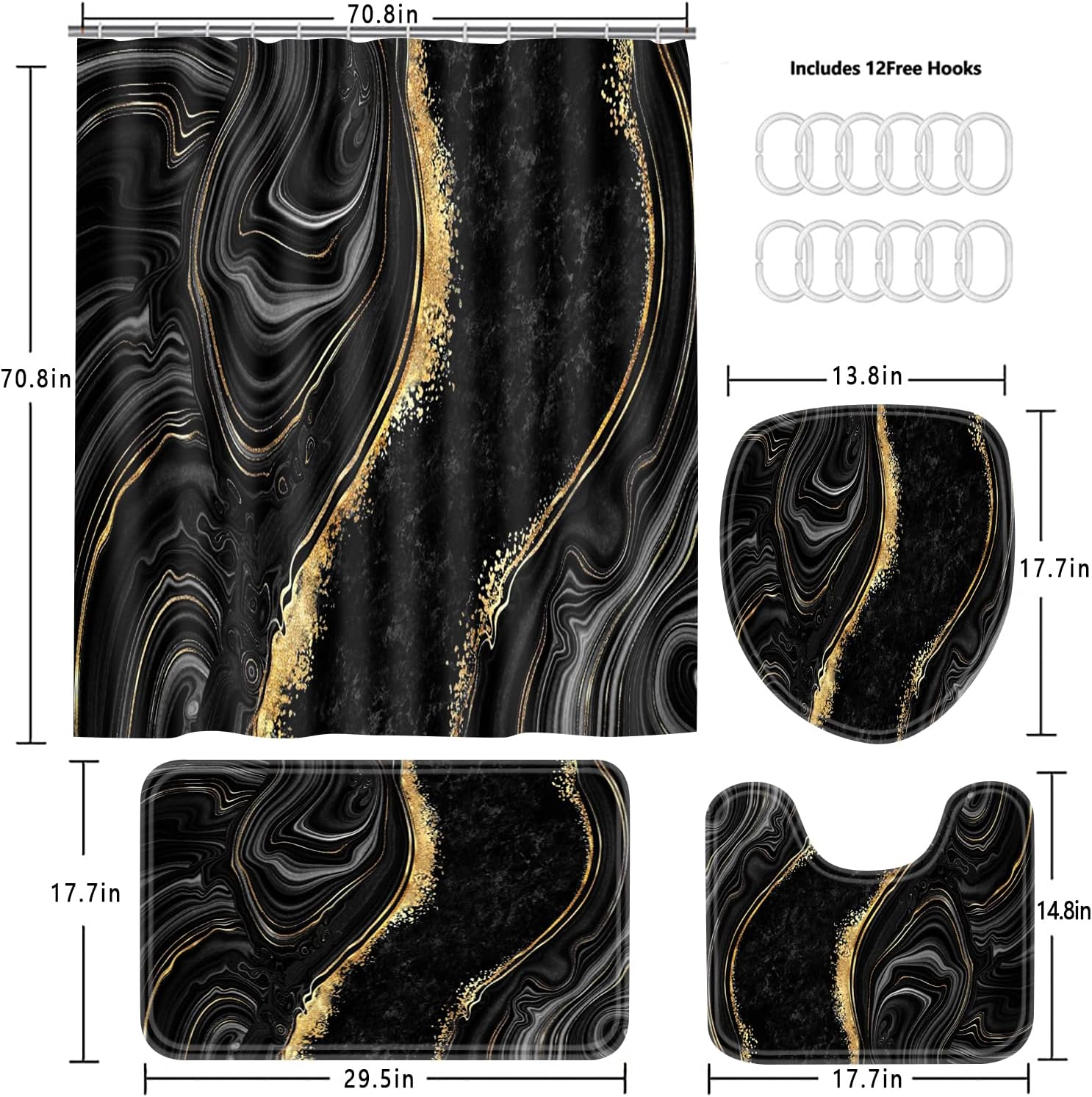 Nkzply 4 Pcs Black Shower Curtain Set with Rugs and Toilet Lid Cover