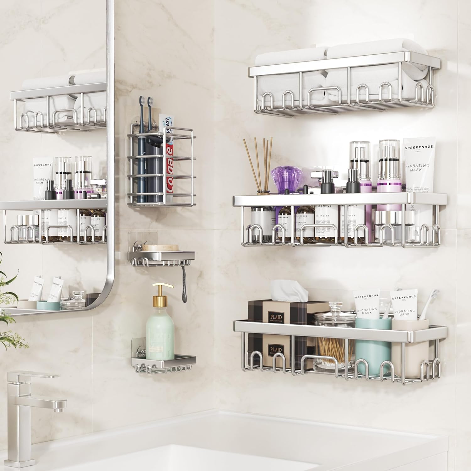 Veken Rustproof Waterproof Shower Caddy 6-Pack Set Silver