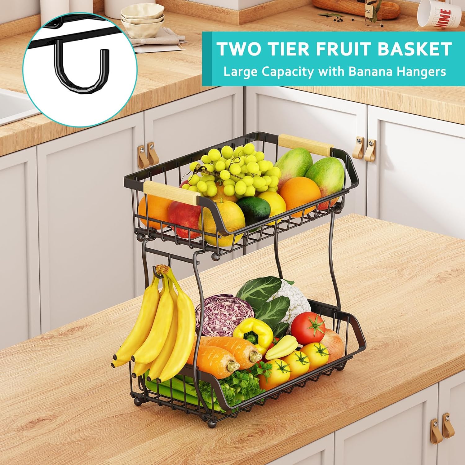 2 Tier Fruit Basket with Banana Hangers and Wooden Handles