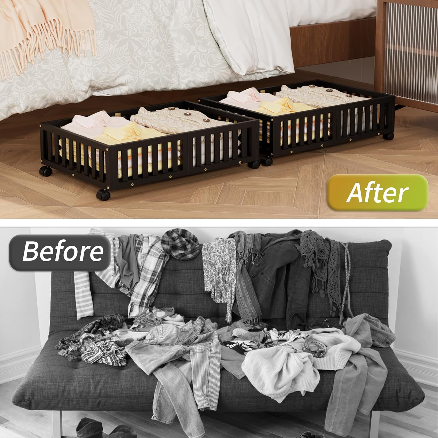 Bamboo Under Bed Storage with Wheels 2 Pack