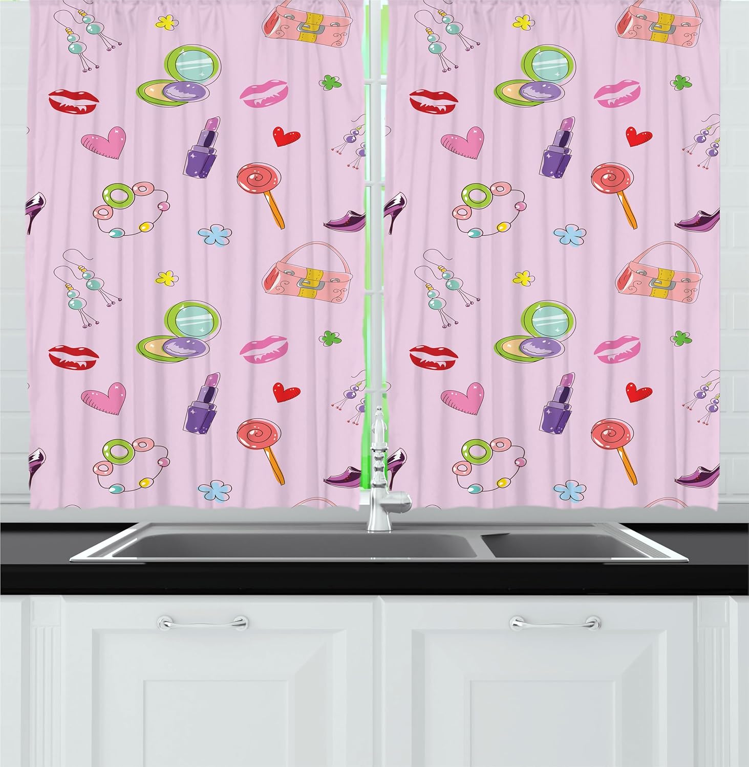 Ambesonne Cartoon Kitchen Curtains 55x24 2 Panel Set
