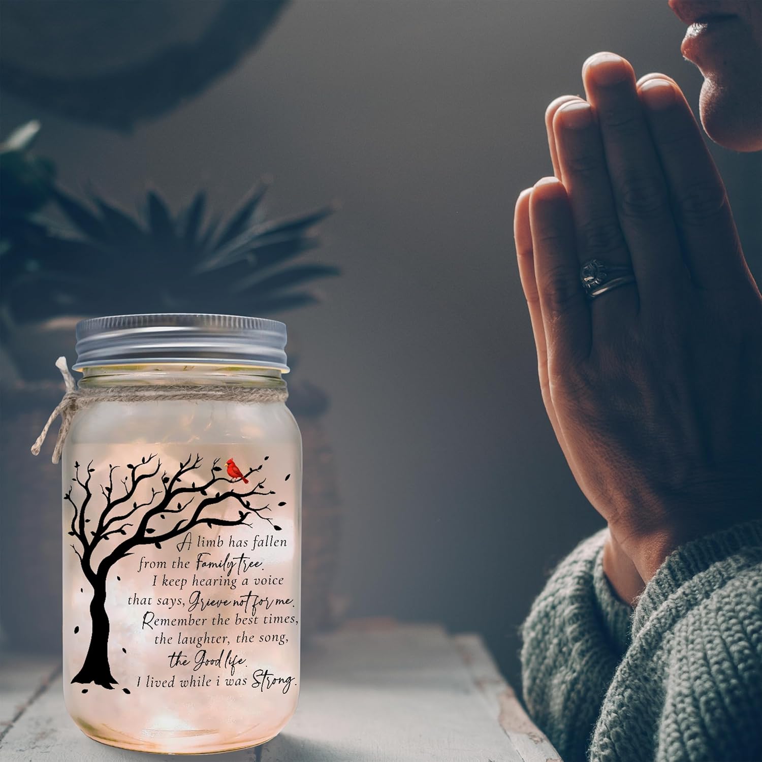Memorial Mason Jar Light with Red Cardinal
