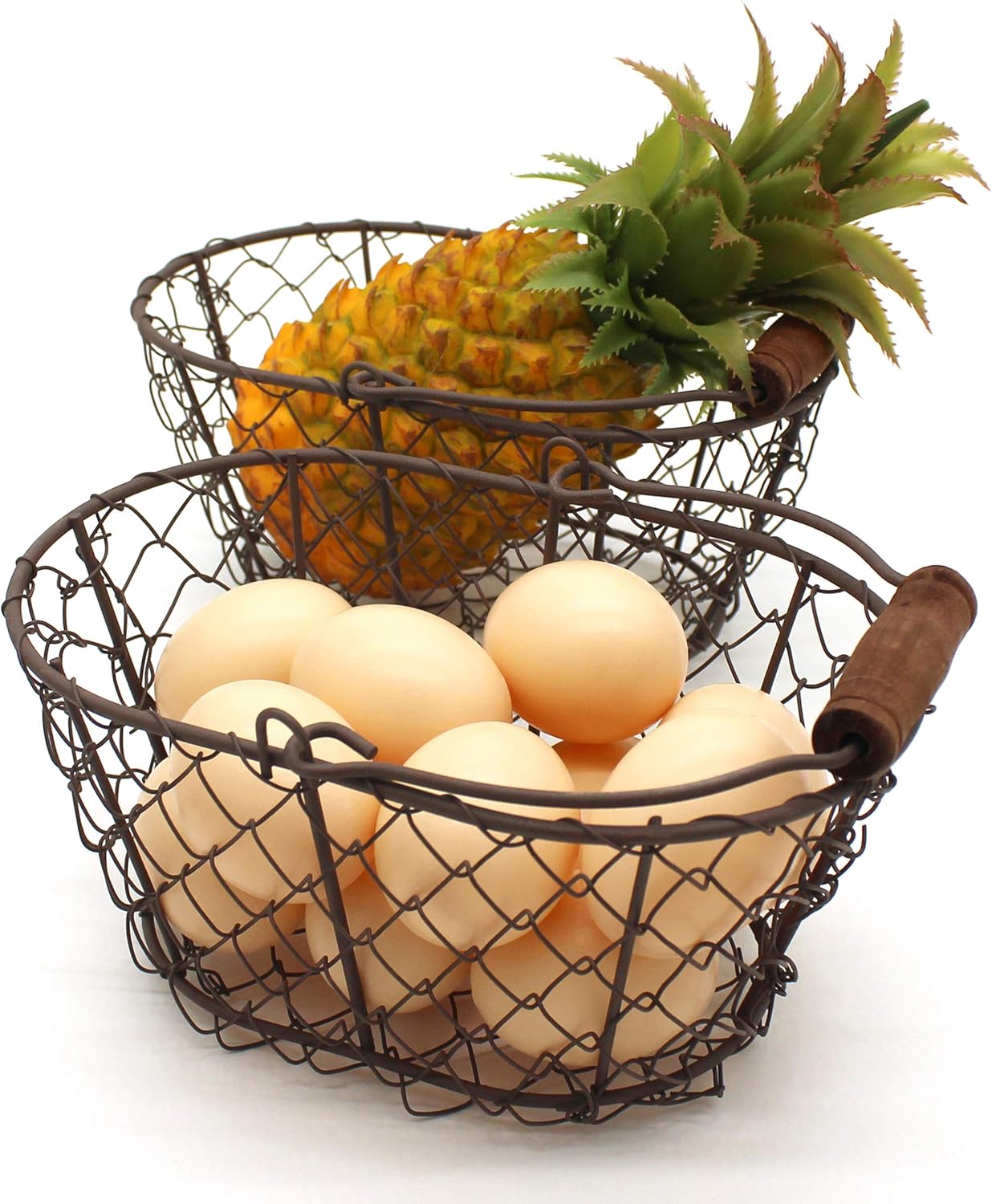 CVHOMEDECO Metal Wire Egg Baskets with Wooden Handle Set of 2