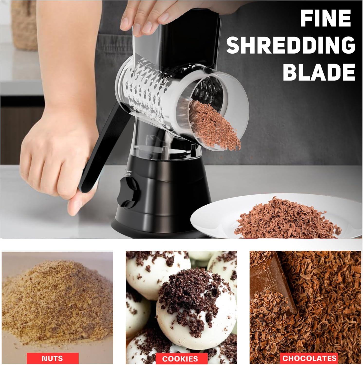 Rotary Cheese Grater with 3 Blades and Suction Base
