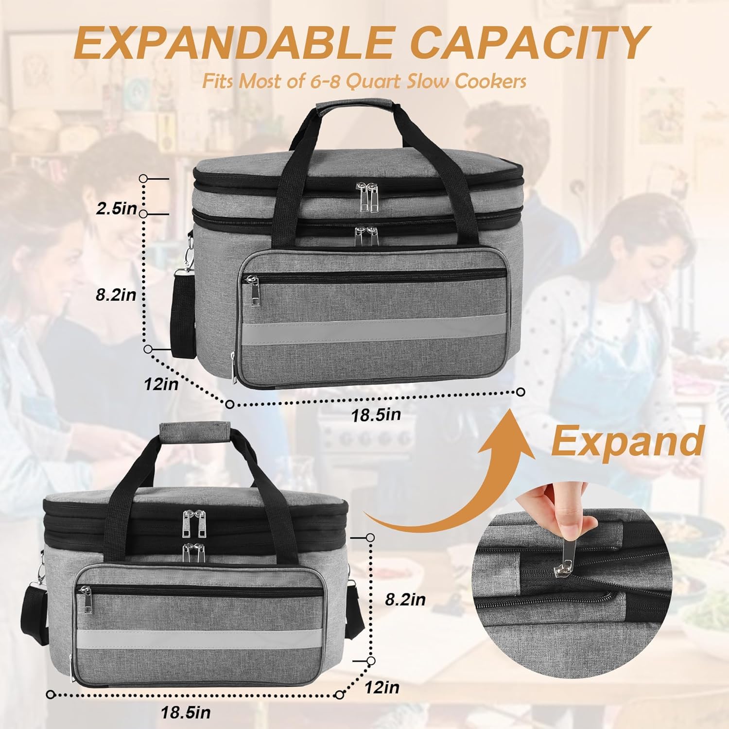 Double Layer Slow Cooker Carrying Bag with Insulated Lining and Adjustable Straps