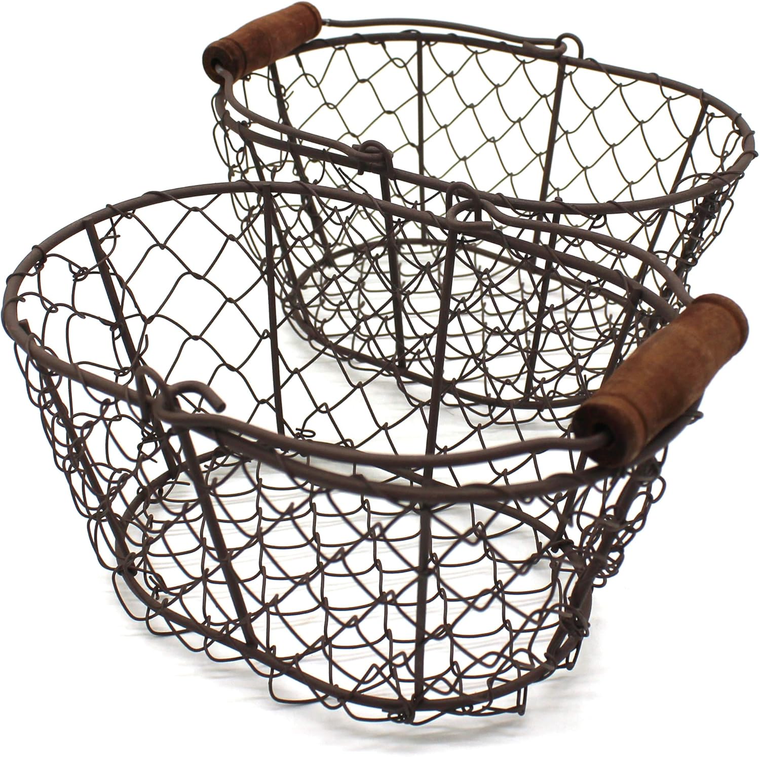 CVHOMEDECO Metal Wire Egg Baskets with Wooden Handle Set of 2