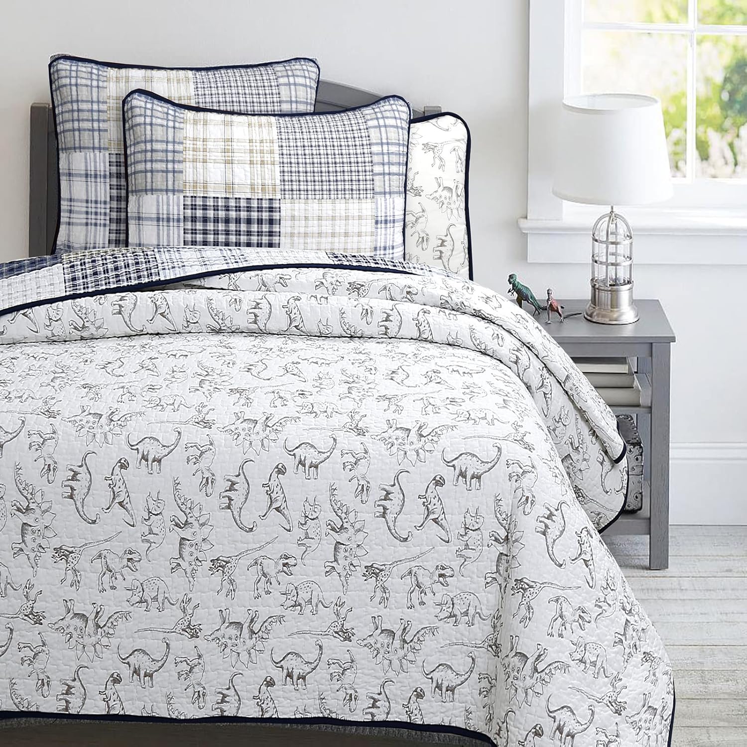 Cozy Line Benjamin Dinosaur Plaid Quilt Set for Kids