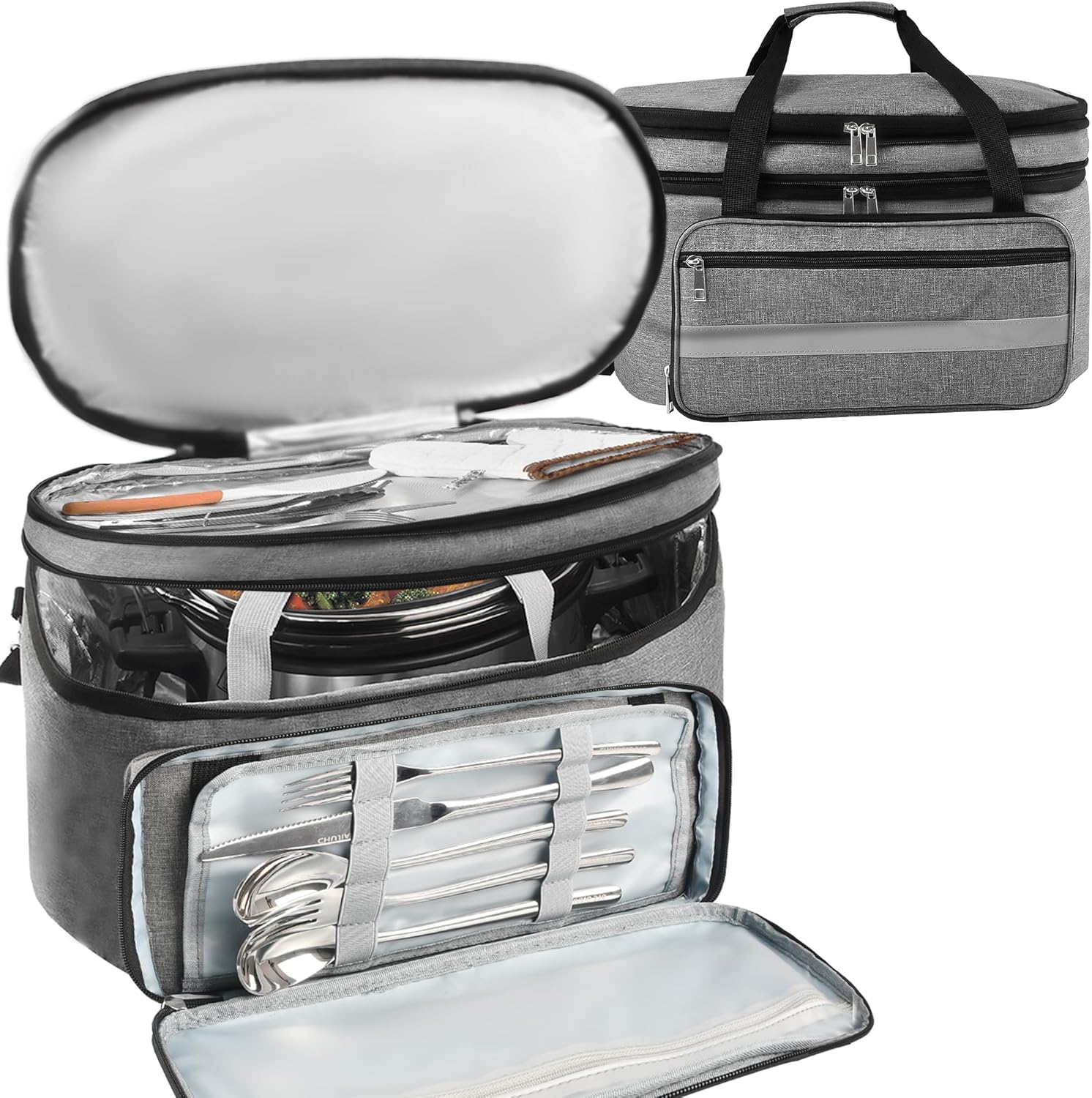 Double Layer Slow Cooker Carrying Bag with Insulated Lining and Adjustable Straps