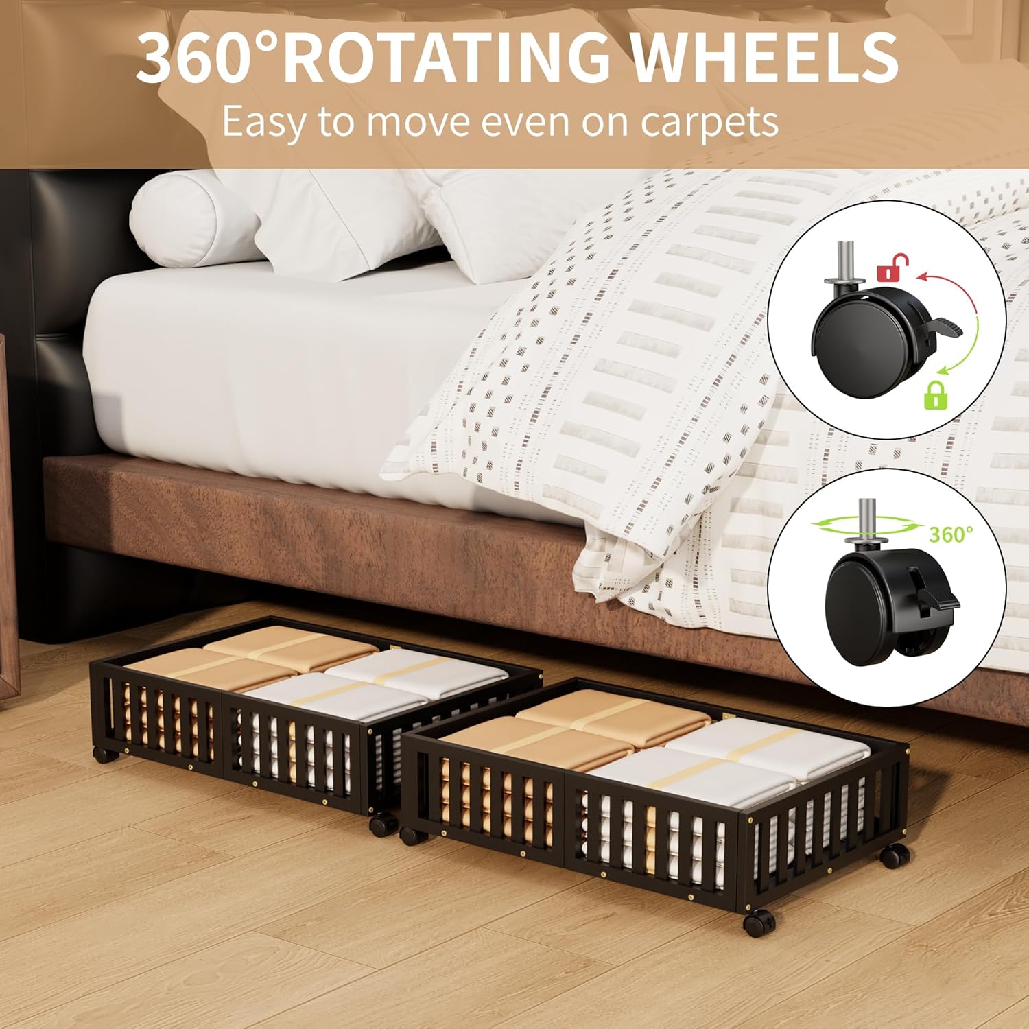Bamboo Under Bed Storage with Wheels 2 Pack