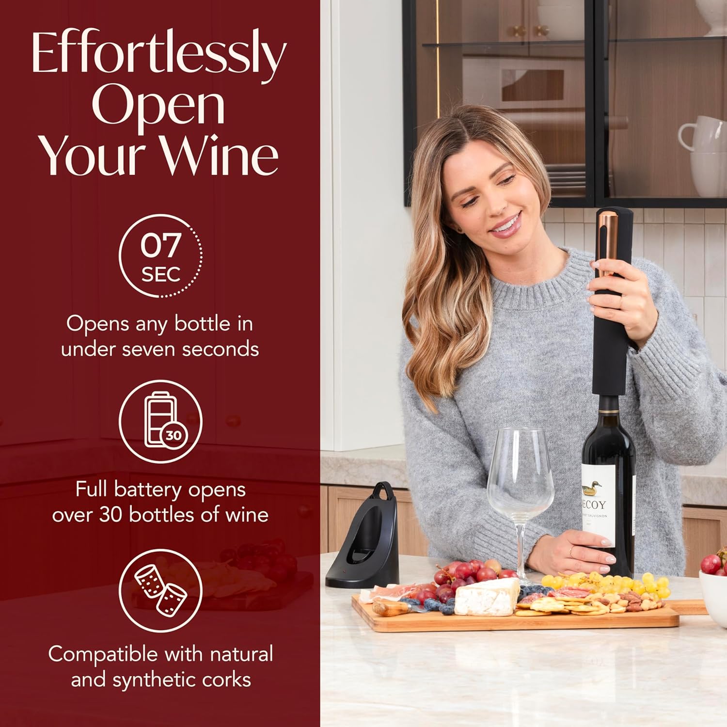 Rechargeable Wine Bottle Opener with Foil Cutter and Charging Base