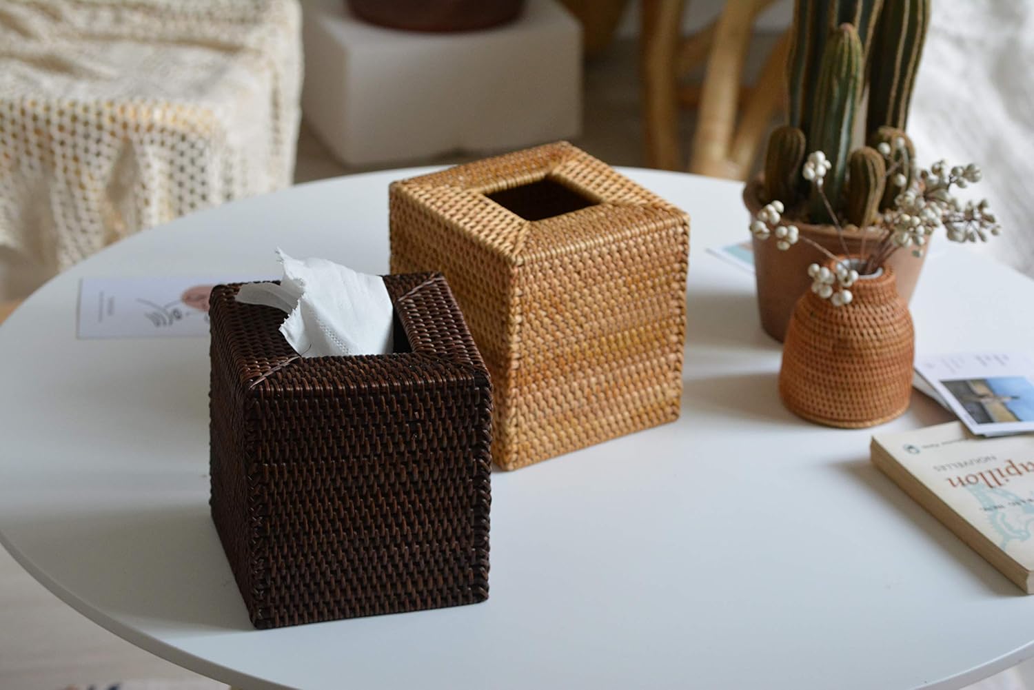 YANGQIHOME Rattan Tissue Box Cover Square Natural