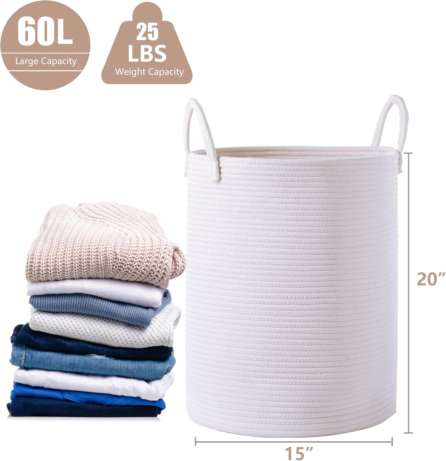 60L Pure White Woven Laundry Basket for Living Room Baby Nursery