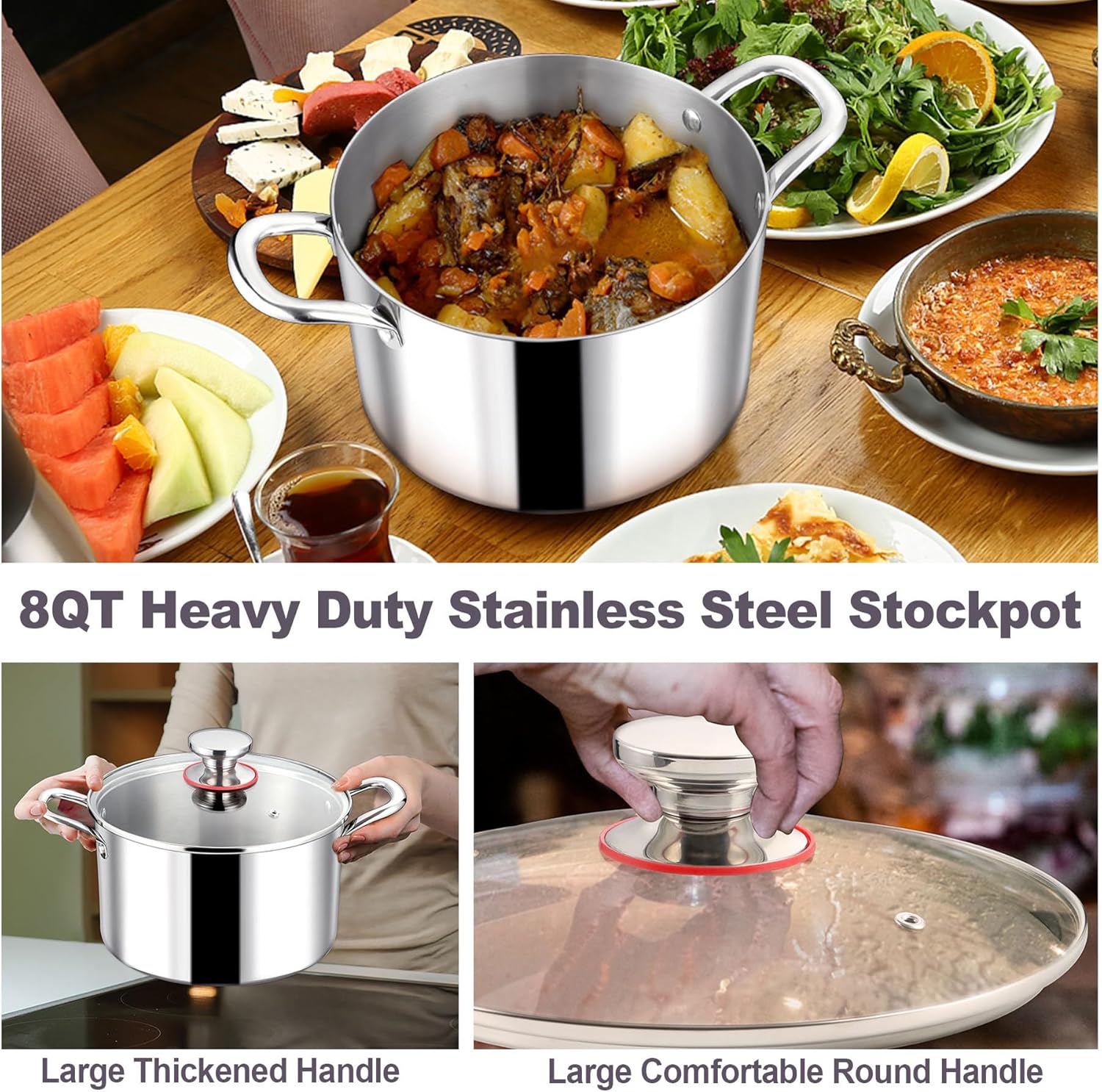 LIANYU 8QT Stainless Steel Stock Pot with Lid