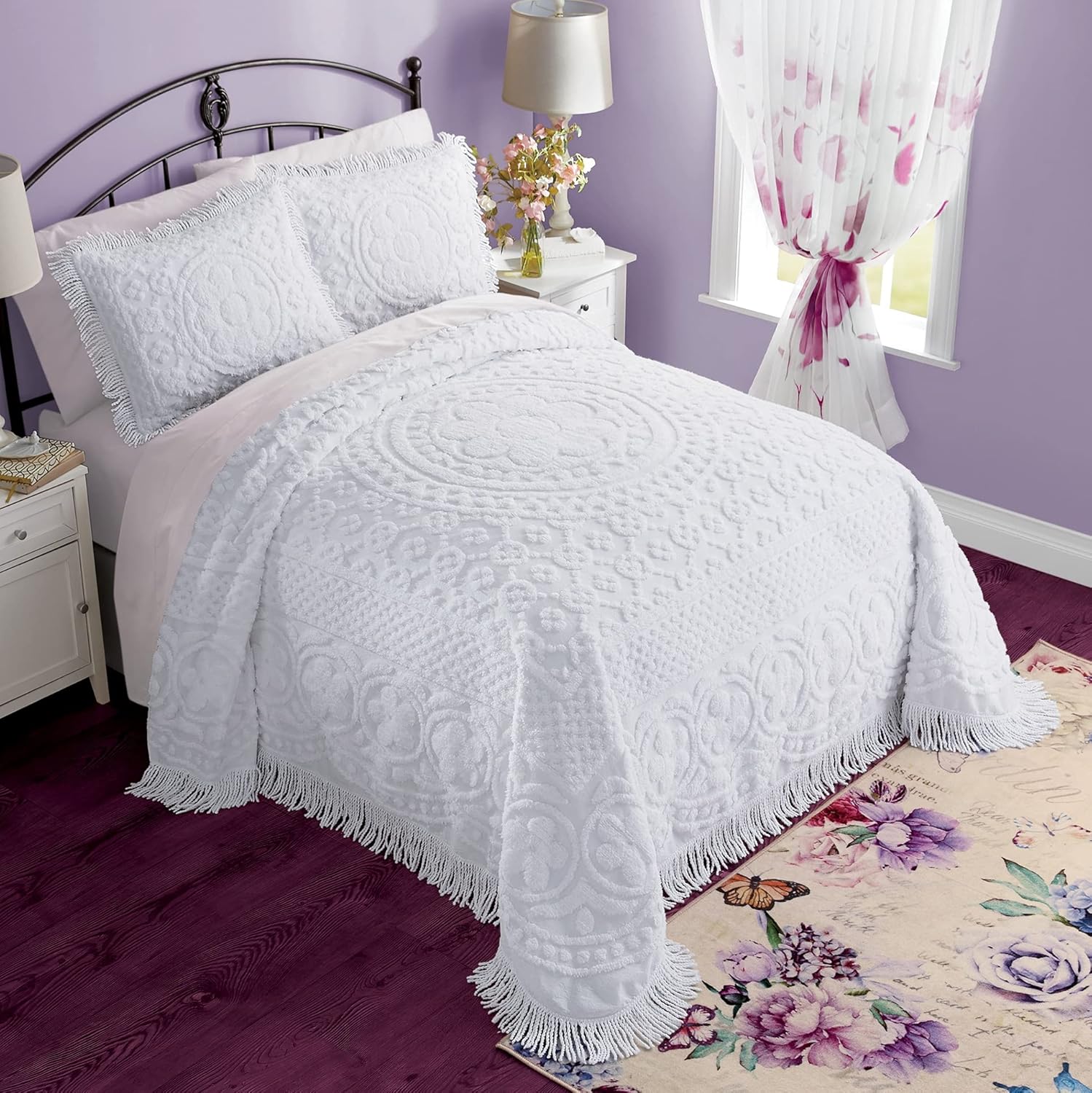 Montgomery Ward Emily Floral Chenille Bedspread Queen Size White