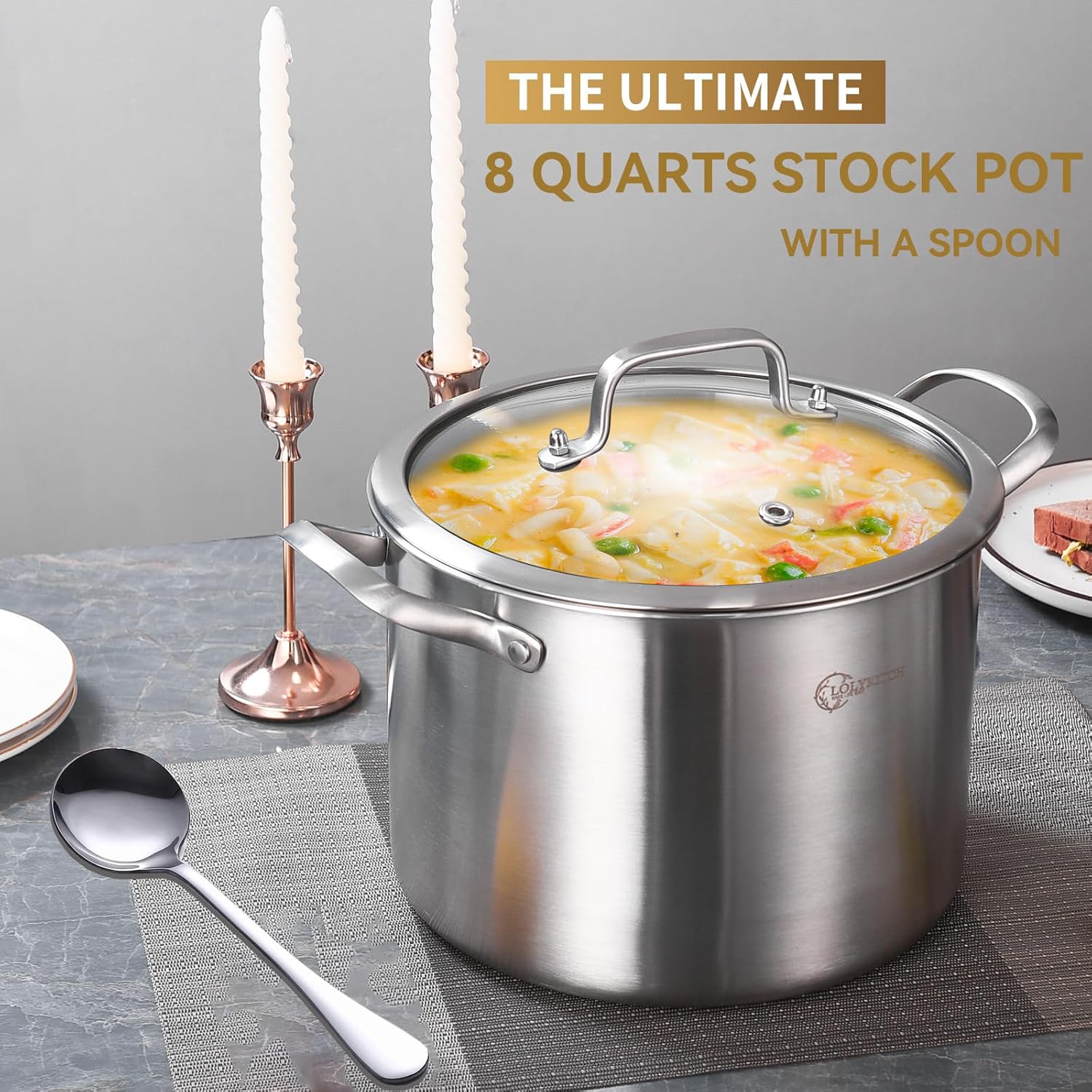 LOLYKITCH Tri-Ply 8 Quarts Stock Pot with Lid