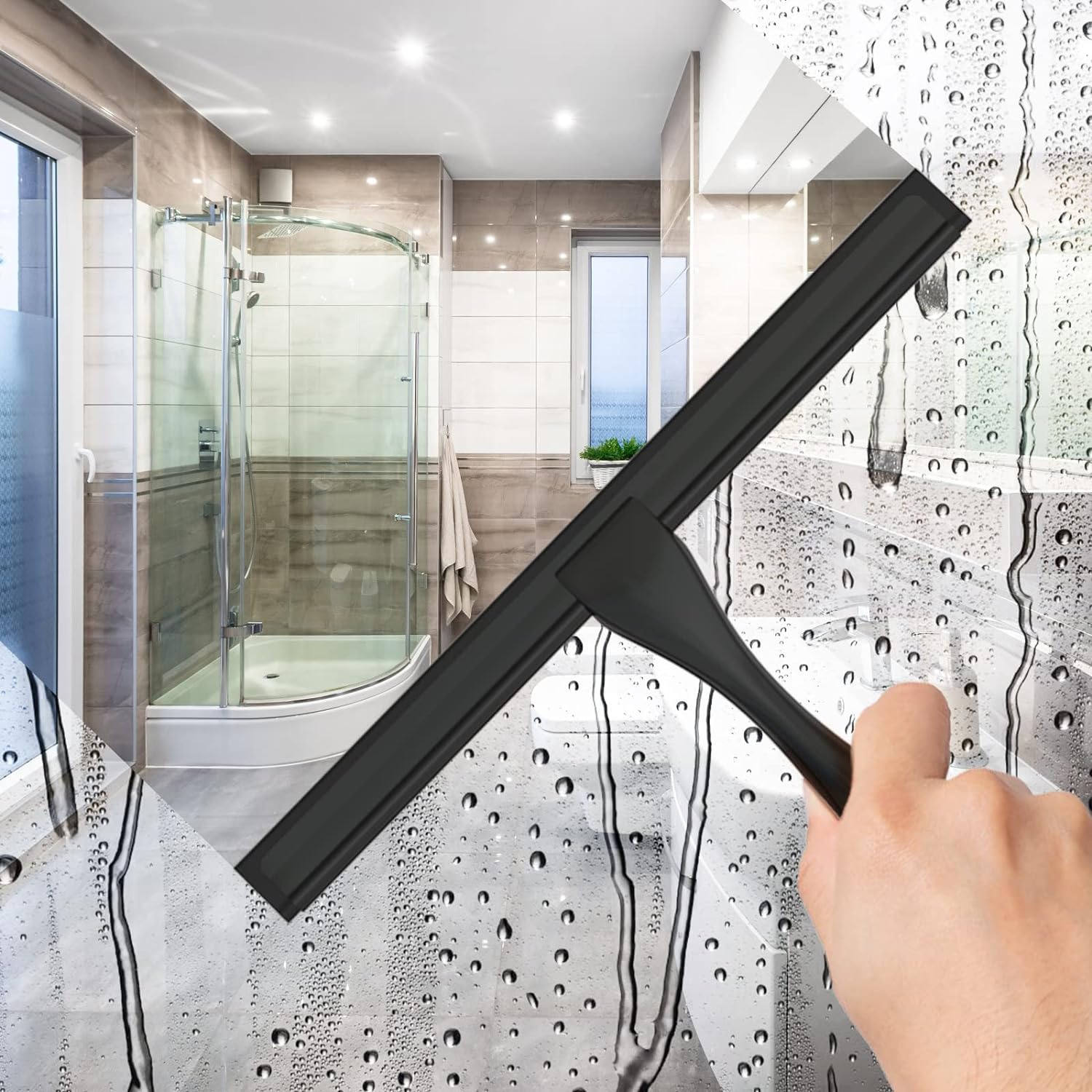 Docrok All-Purpose Stainless Steel Shower Squeegee with Adhesive Hook 10 Inch Black