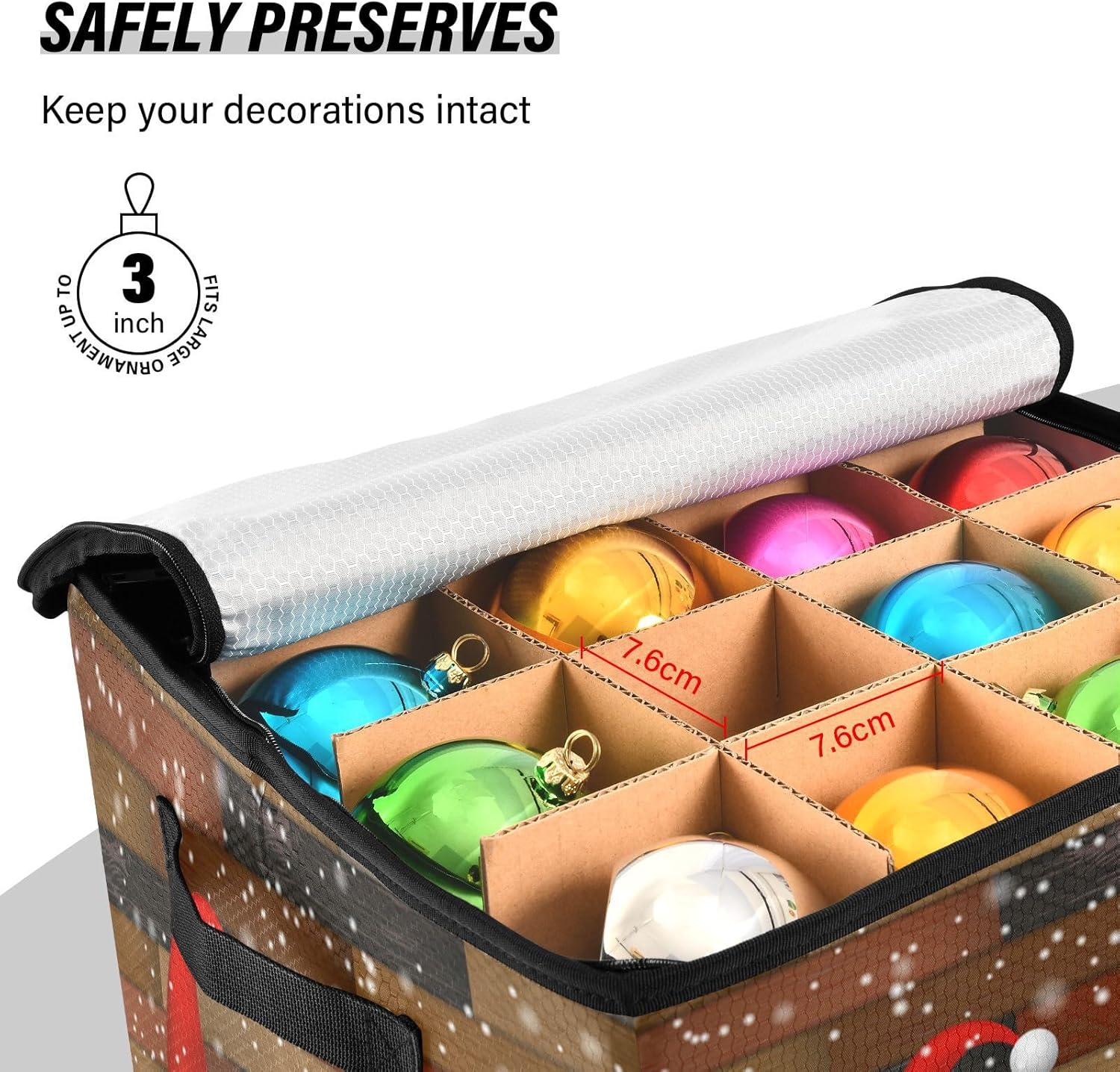 Christmas Ornament Storage Box with Zipper Dividers 13x13 Inch