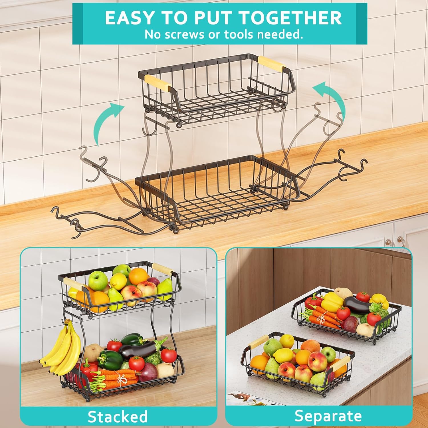 2 Tier Fruit Basket with Banana Hangers and Wooden Handles