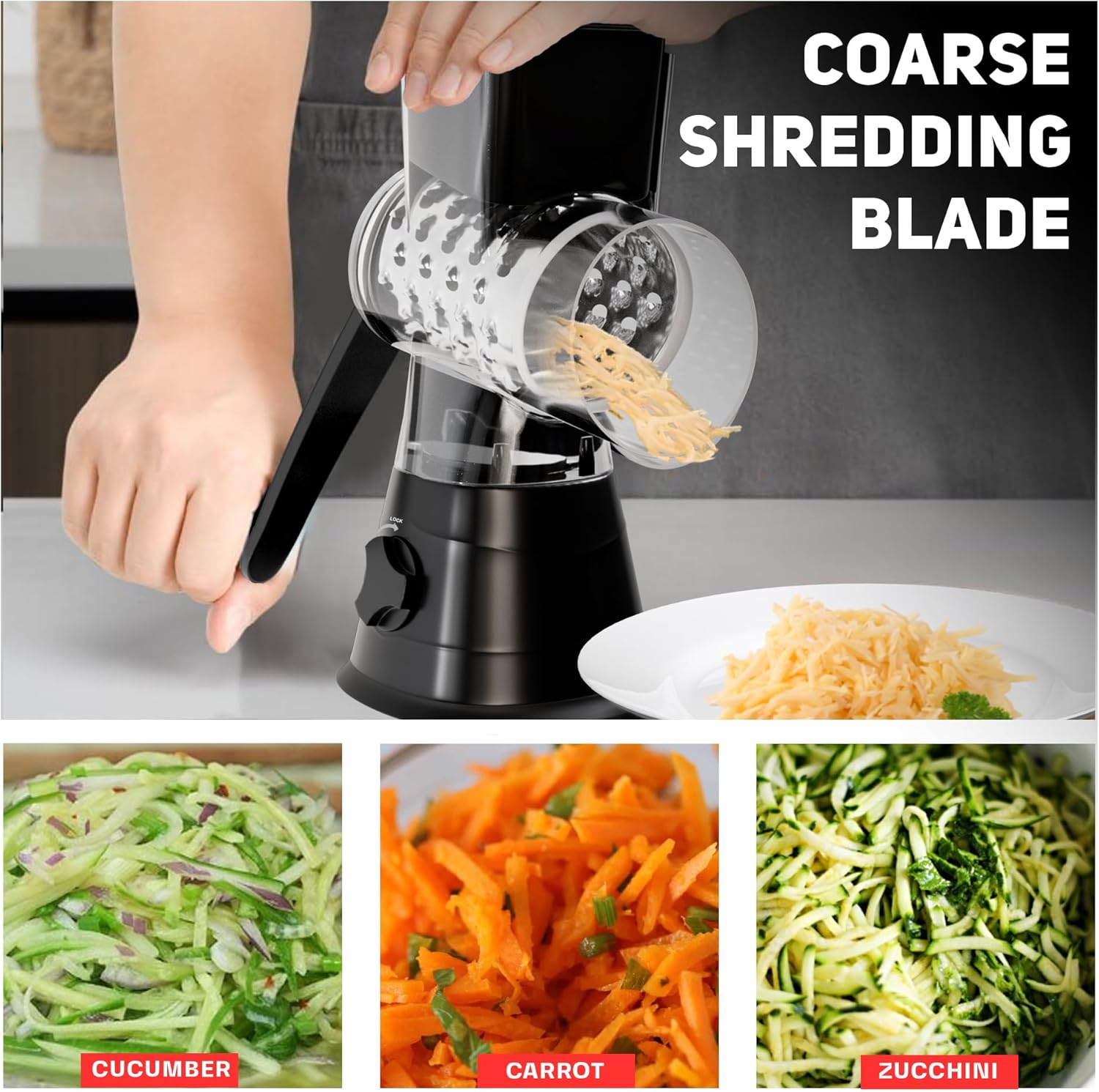 Rotary Cheese Grater with 3 Blades and Suction Base